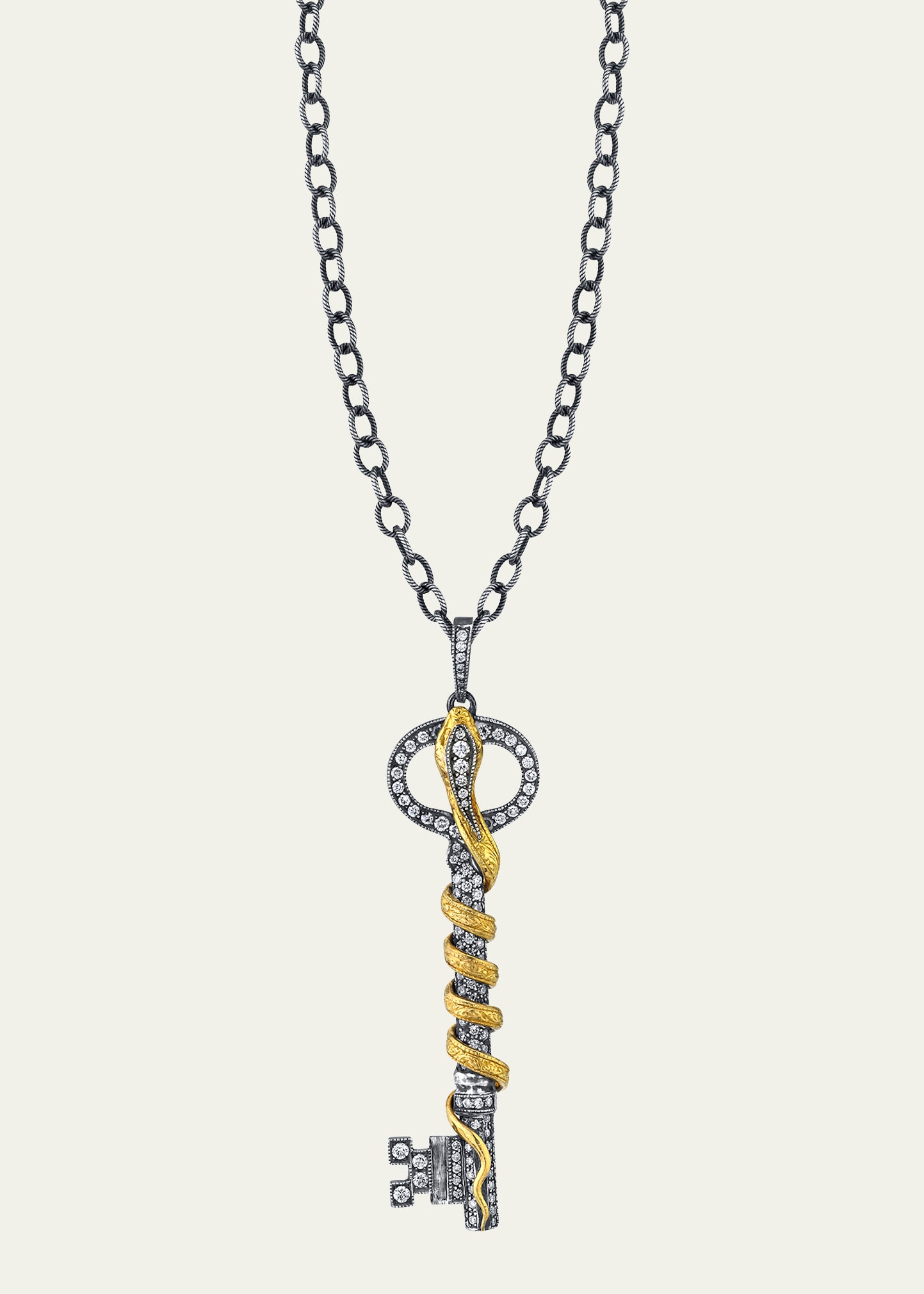 Long Diamond Key Pendant with Snake on Oxidized Silver Chain