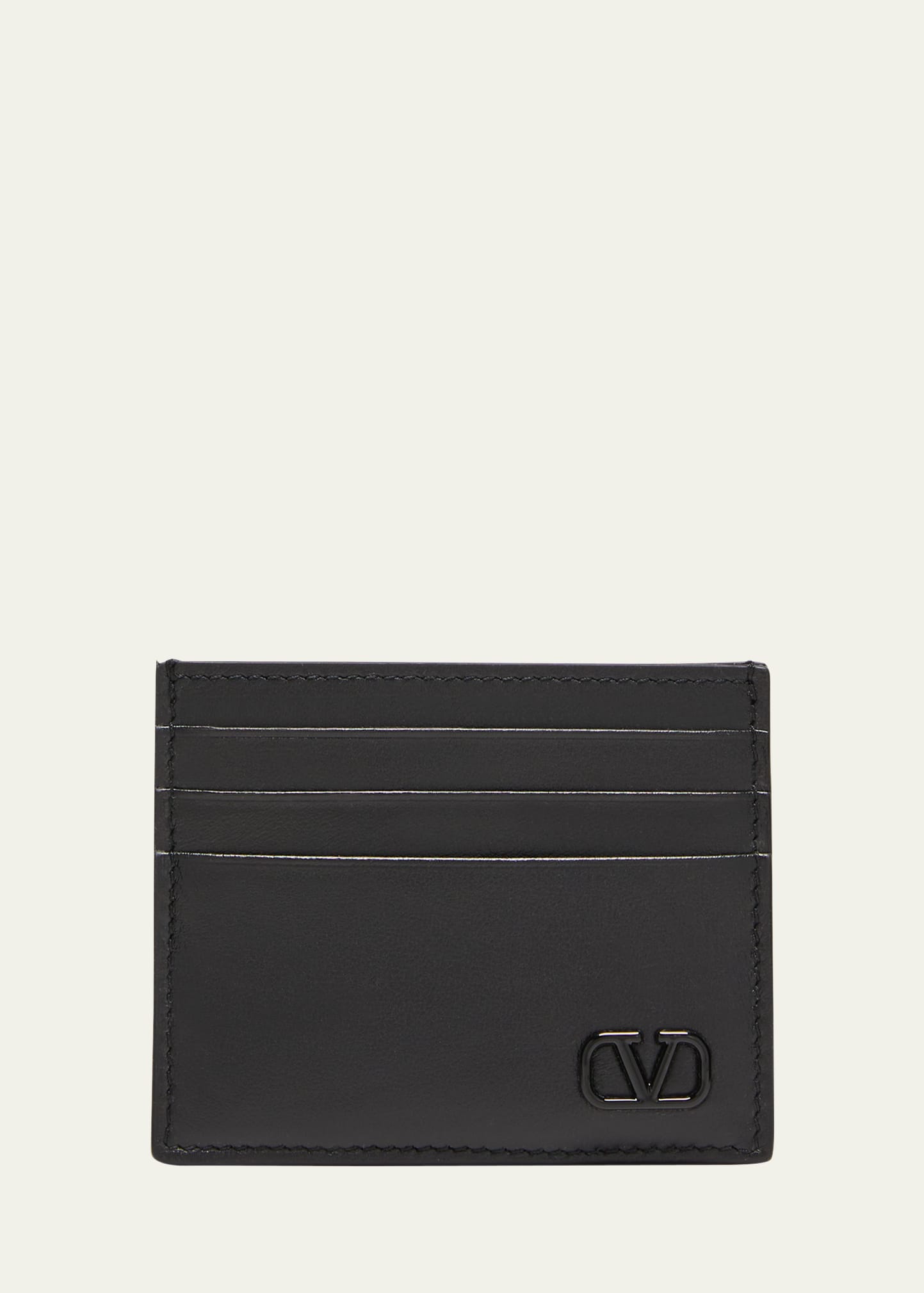 Valentino Garavani Men's Tonal V-logo Leather Card Case In 0no Nero