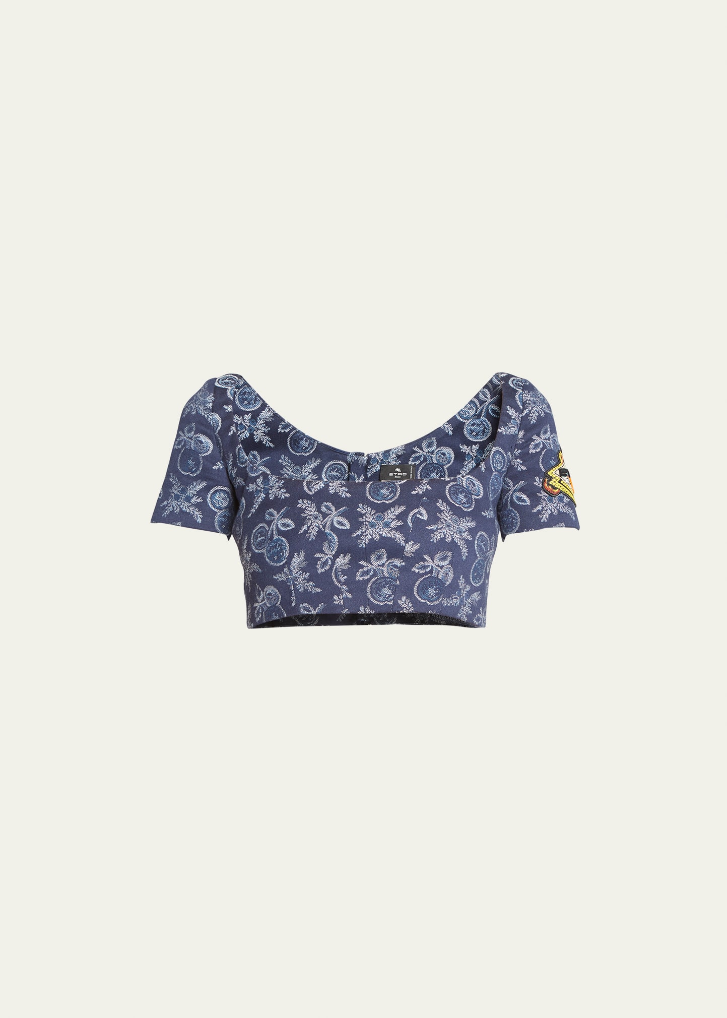 Etro Denim Printed Crop Top W/ Embroidered Patch In Navy