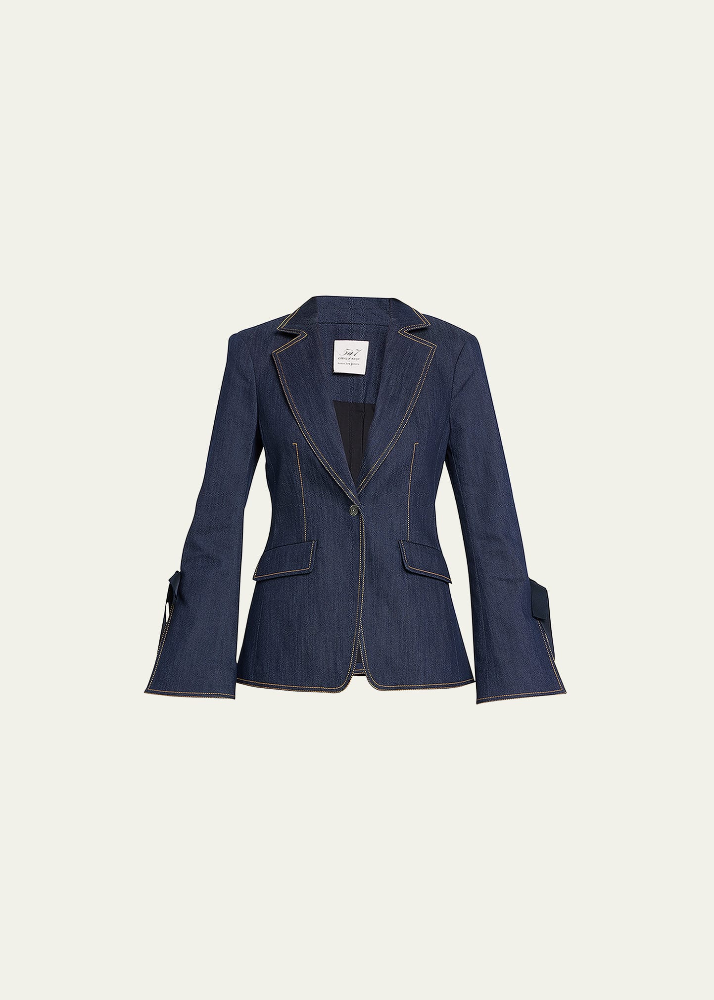 Lou Tie-Cuff Topstitched Denim Blazer