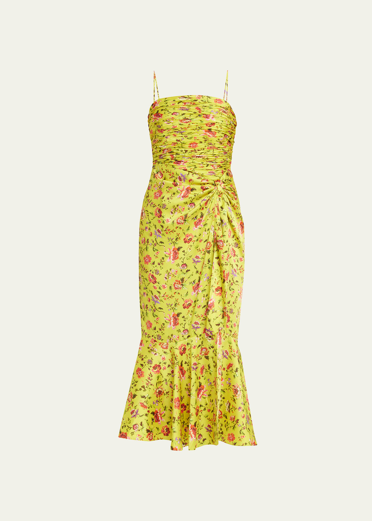 Cinq À Sept Cinq A Sept Provence Katz Ruched Floral Print Satin Midi Dress In Pomelo Multi
