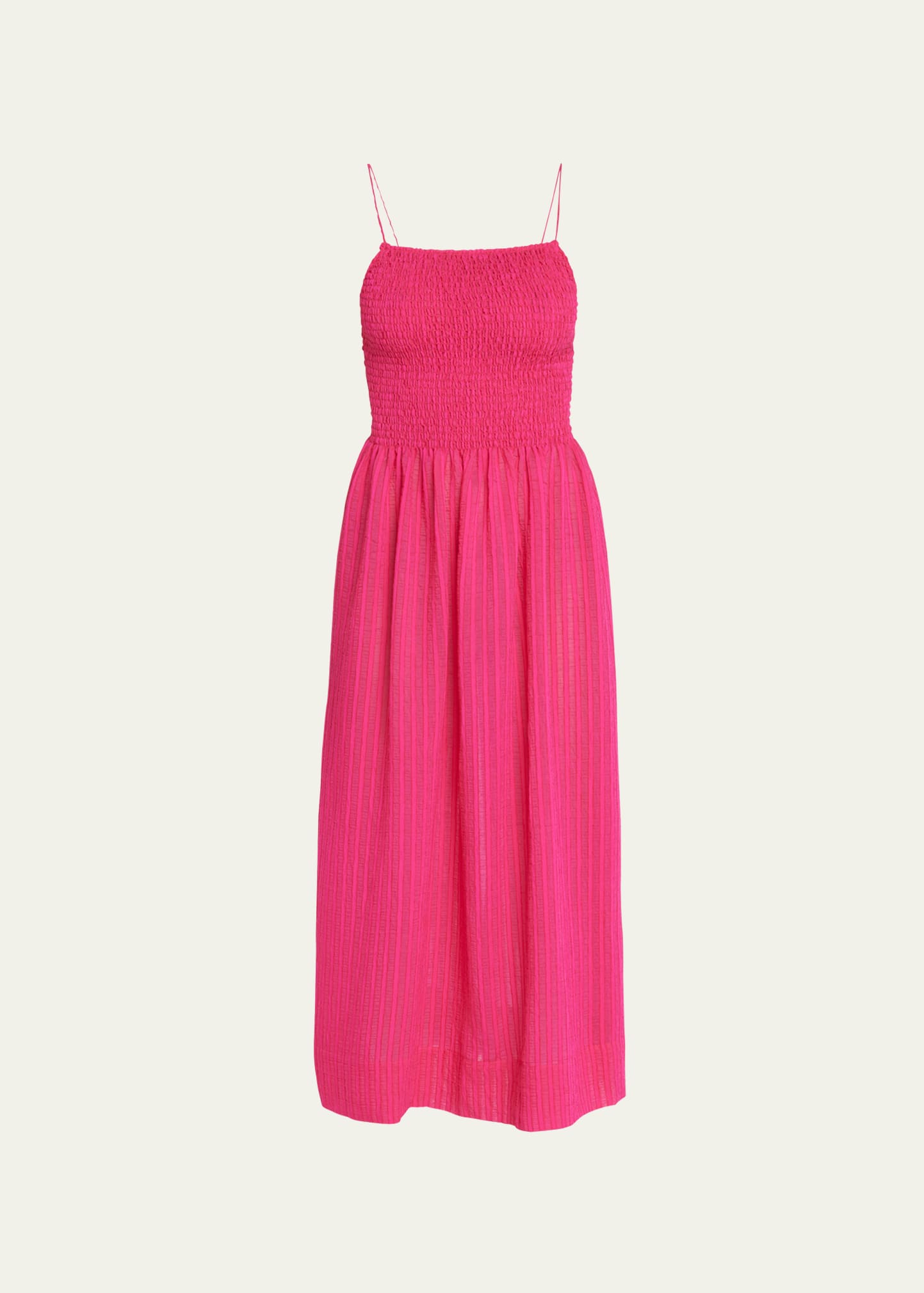 Three Graces London Farah Shirred Striped Seersucker Maxi Dress In Magenta