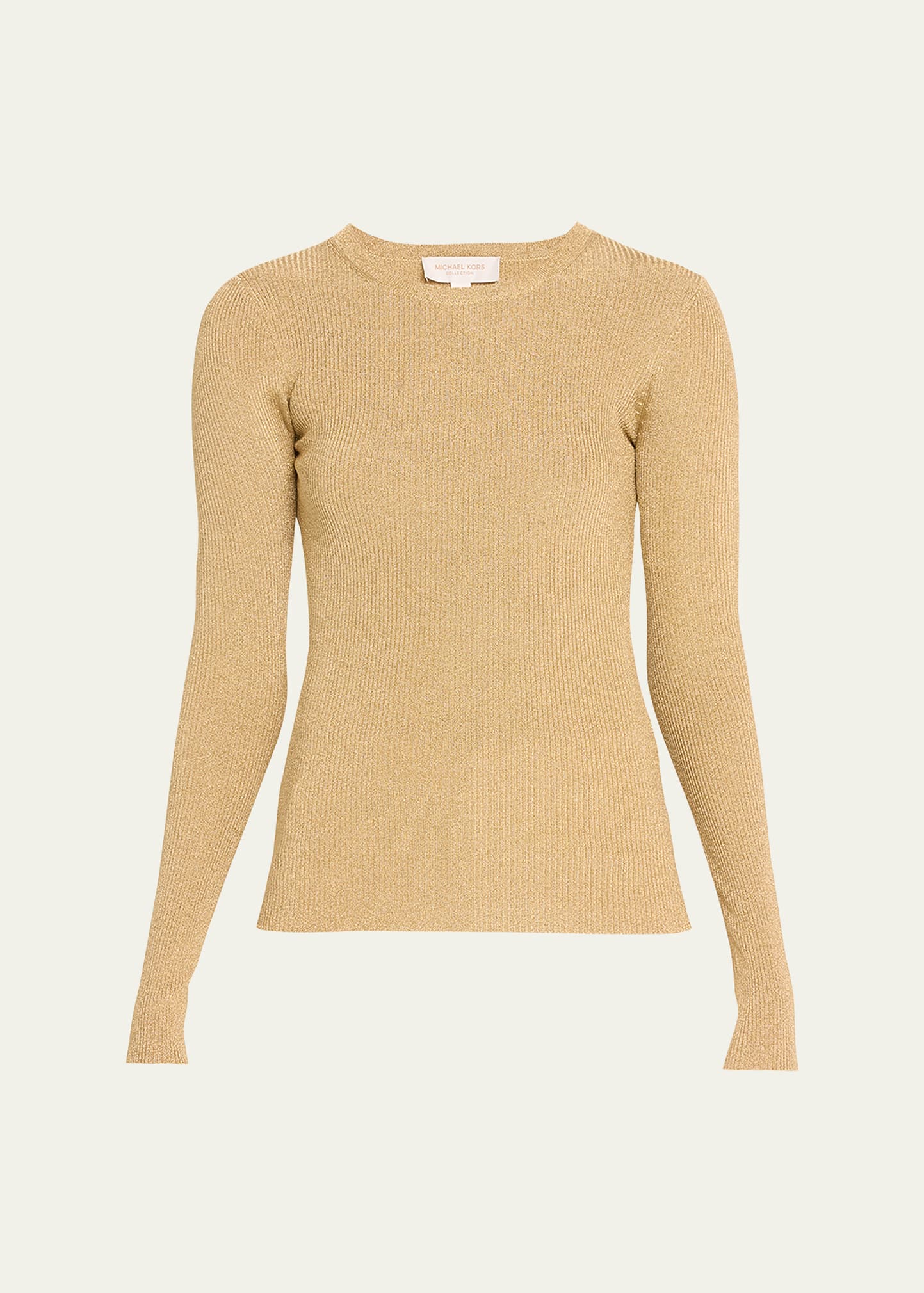 Michael Kors Metallic Rib Long-sleeve Crewneck Sweater In Gold