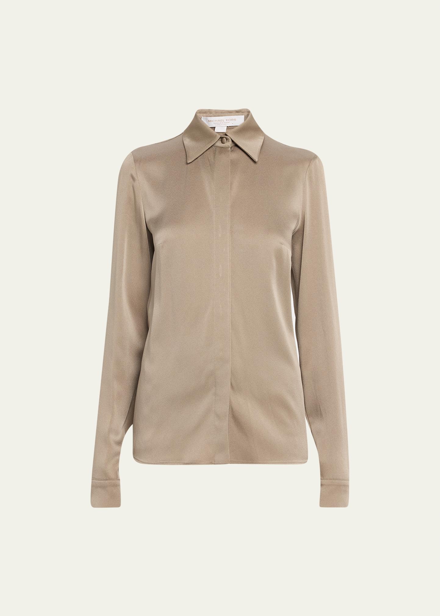 Michael Kors Hansen Charmeuse Button-front Shirt In Taupe
