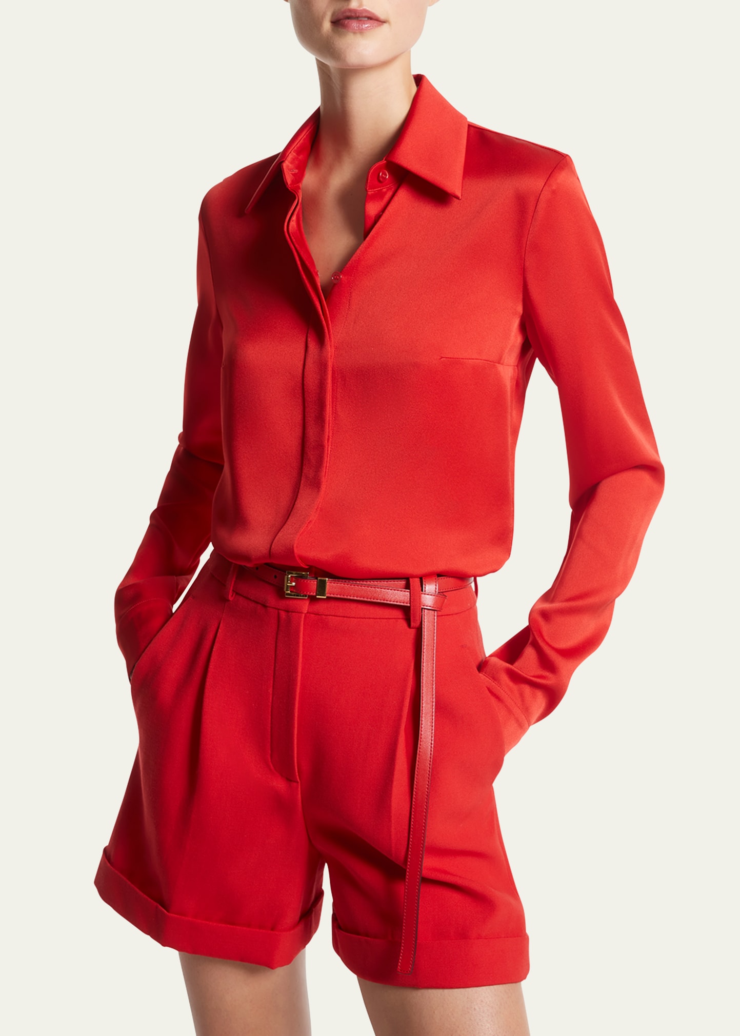 Michael Kors Hansen Charmeuse Button-front Shirt In Poppy