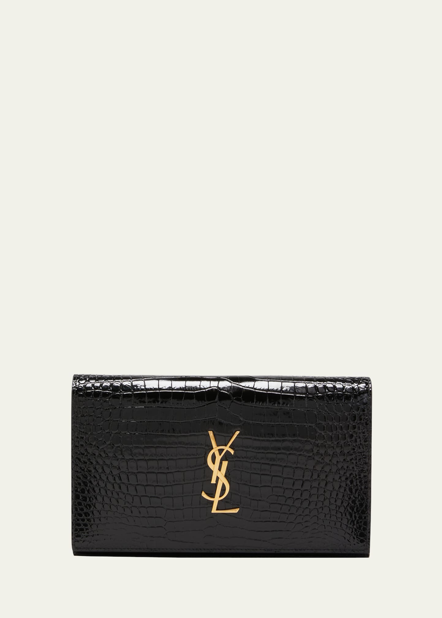 Saint Laurent Ysl Glossy Croc-embossed Wallet On Chain In Black