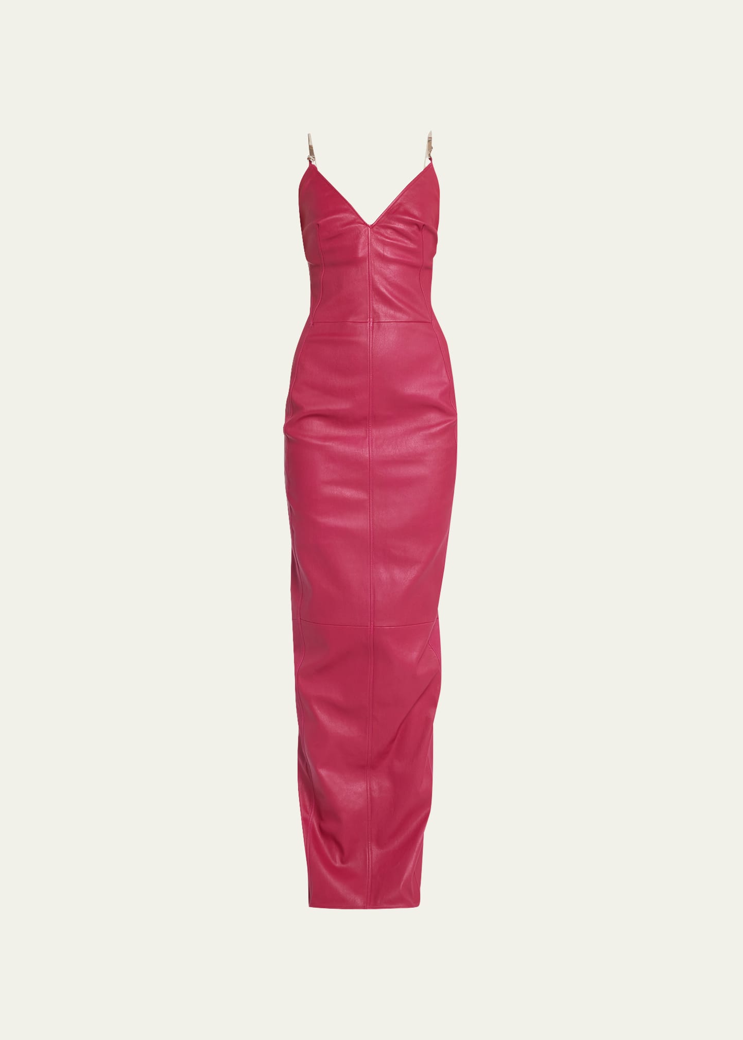 Rick Owens Leather Fitted Long Dress With Hook Strap Details In Dark Pink