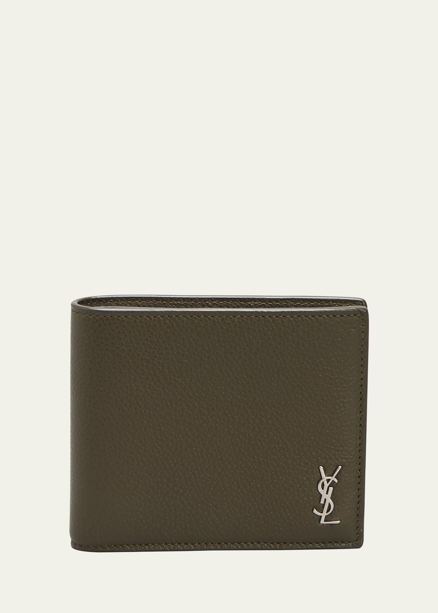 Shop Saint Laurent Men's Monogram Plaque Leather Bifold Wallet In Khaki