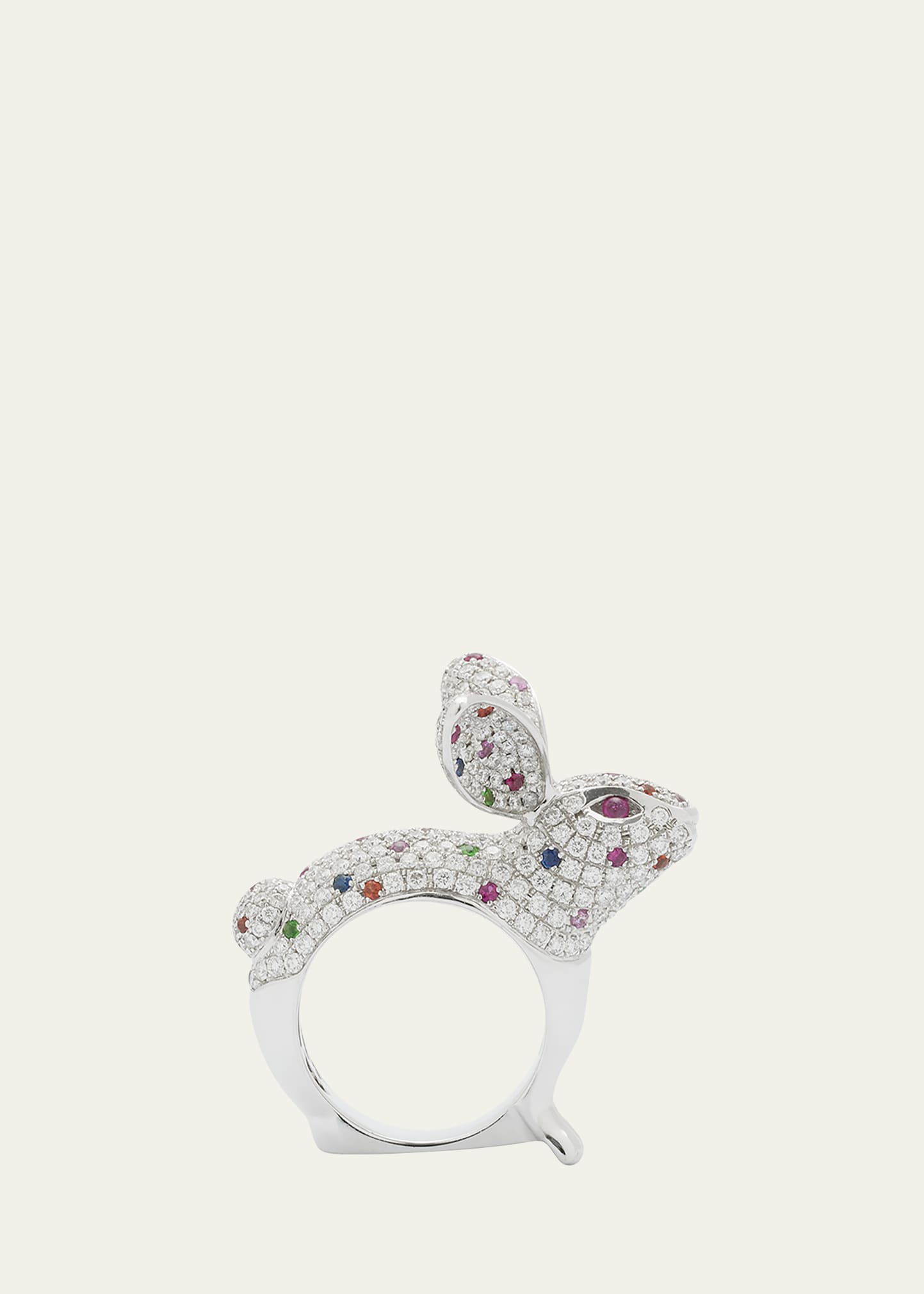18K White Gold Bunny Ring with Diamonds, Sapphires, Garnets, and Rubies