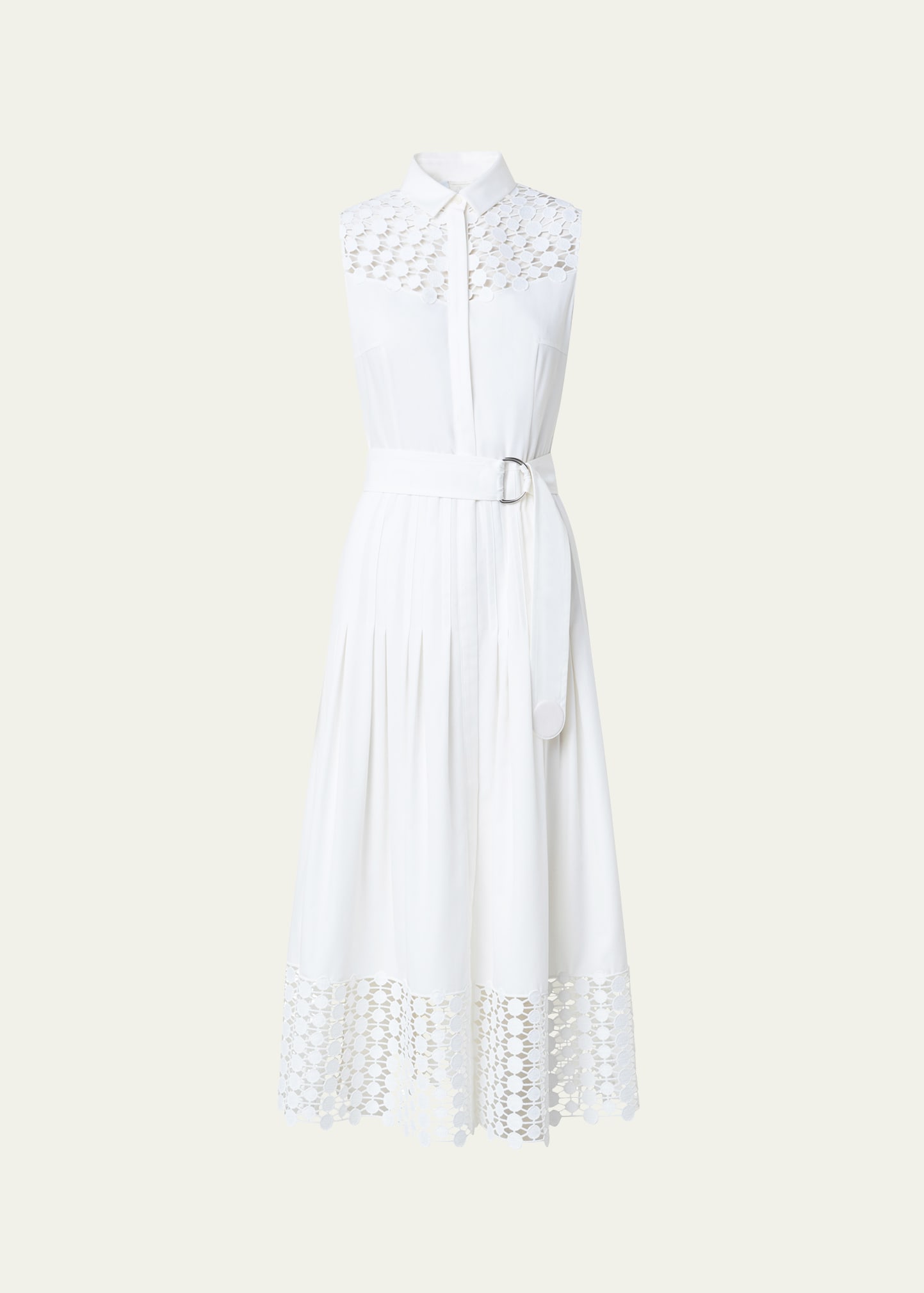 AKRIS PUNTO COTTON GABARDINE BELTED MIDI DRESS WITH KALEIDOSCOPE DOT GUIPURE PANELS