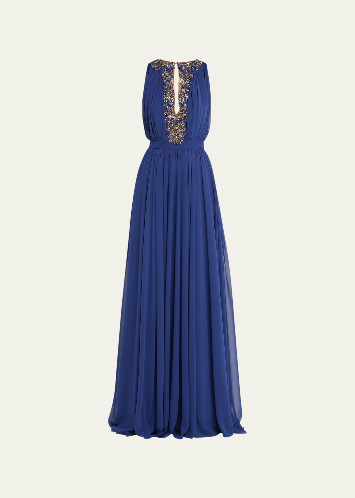 Reem Acra Beaded Side-slit Sleeveless Pleated Chiffon Gown In Navy