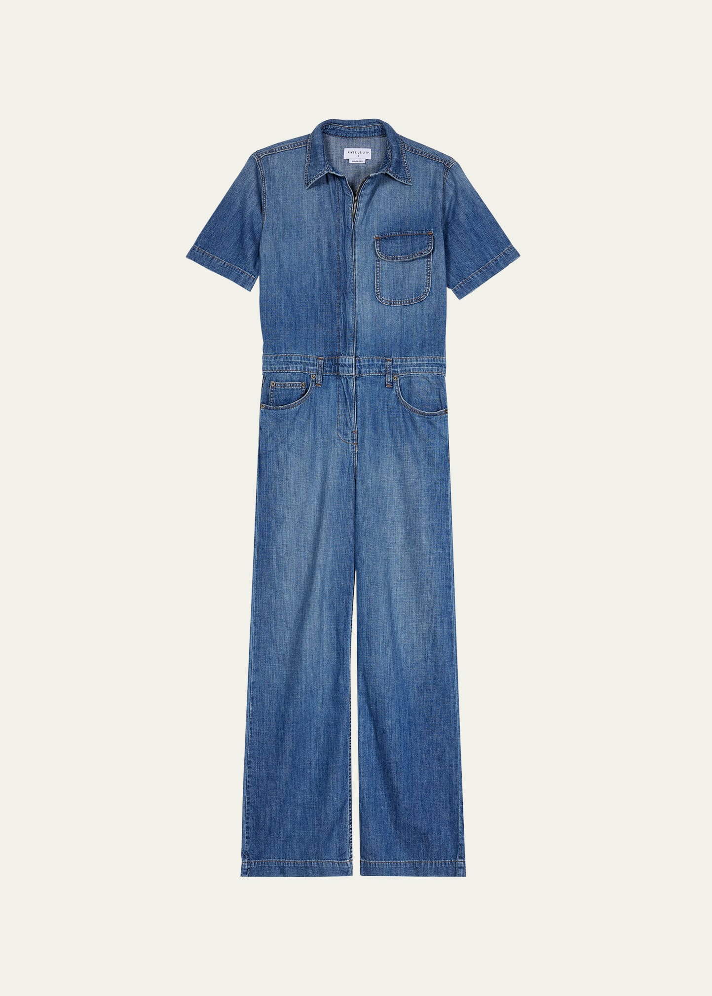 Rivet Utility Girlfriend Wideleg Zipfront Denim Jumpsuit In Medium