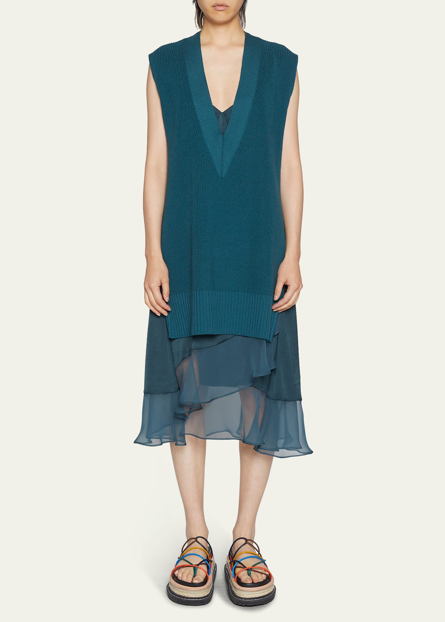 Sacai Mixed-media Layered Sweater Vest Midi Dress In Greenxgreen