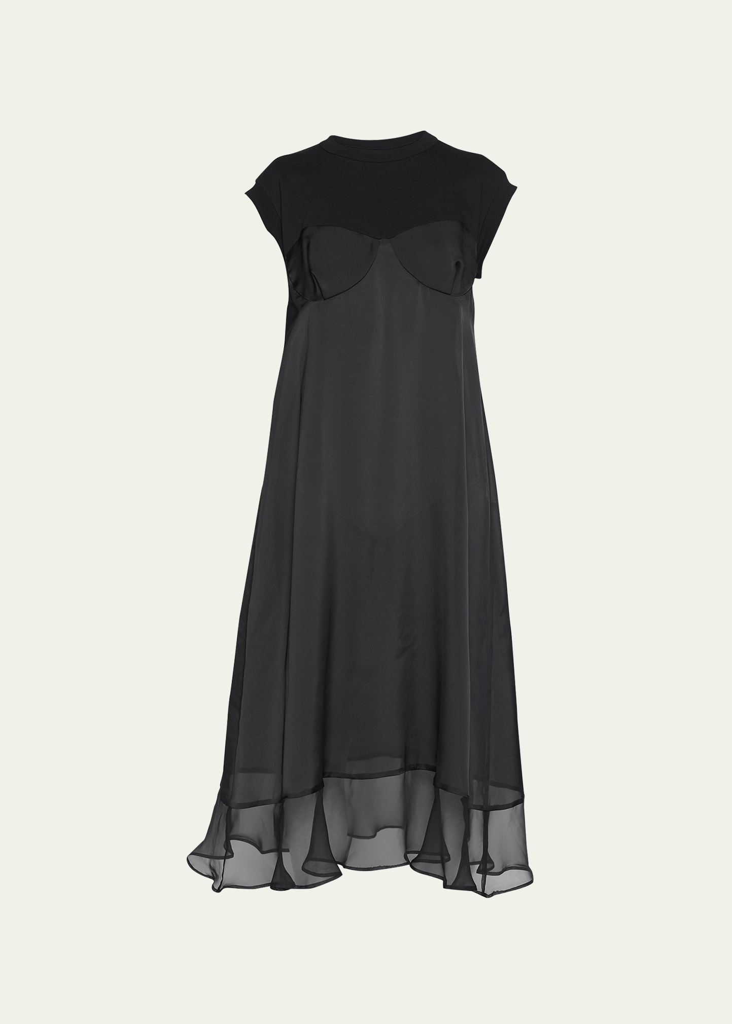 Sacai Mixed-media Bustier Midi T-shirt Dress In Black