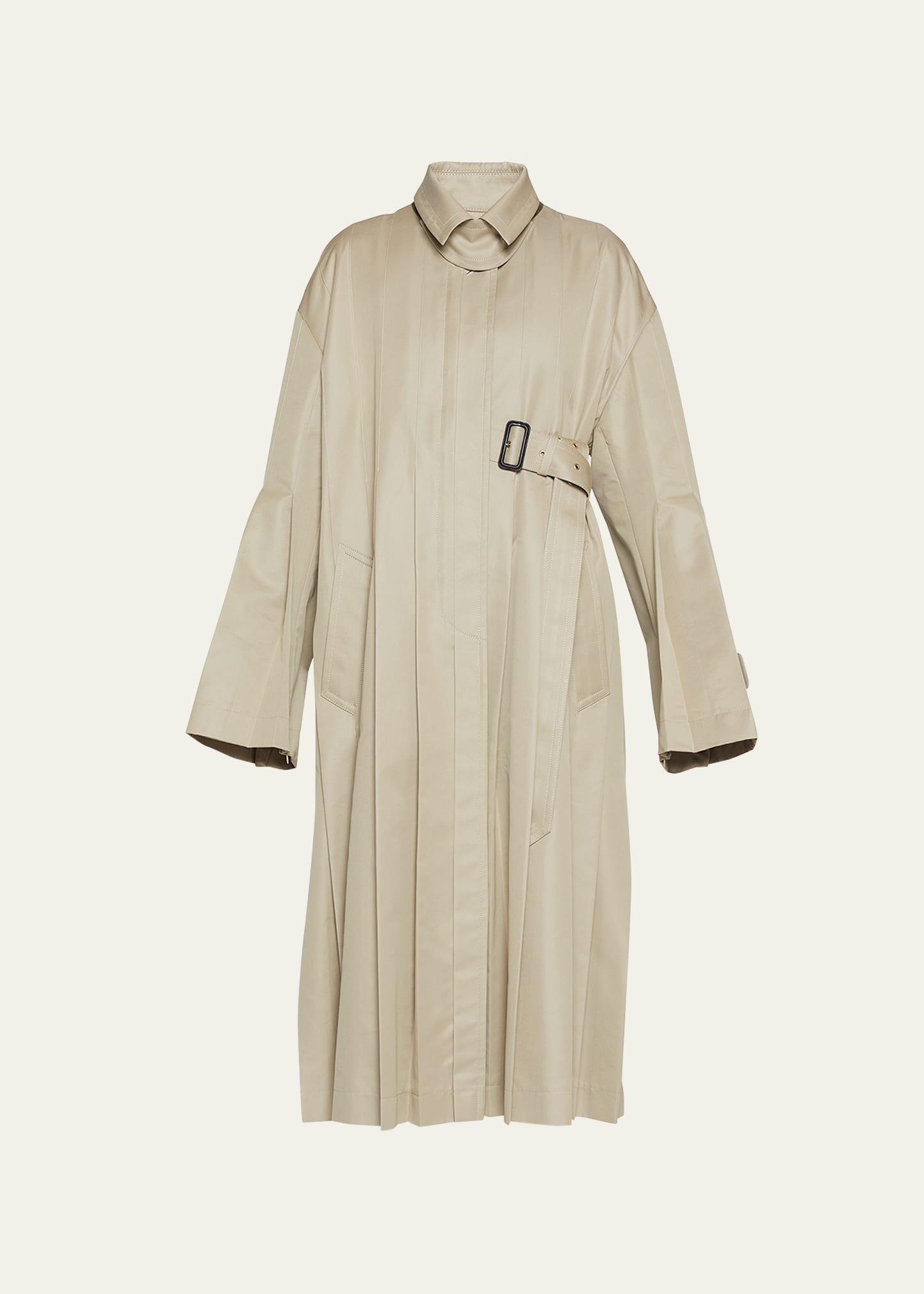 Sacai Belted-waist Pleated Trench Coat In Beige