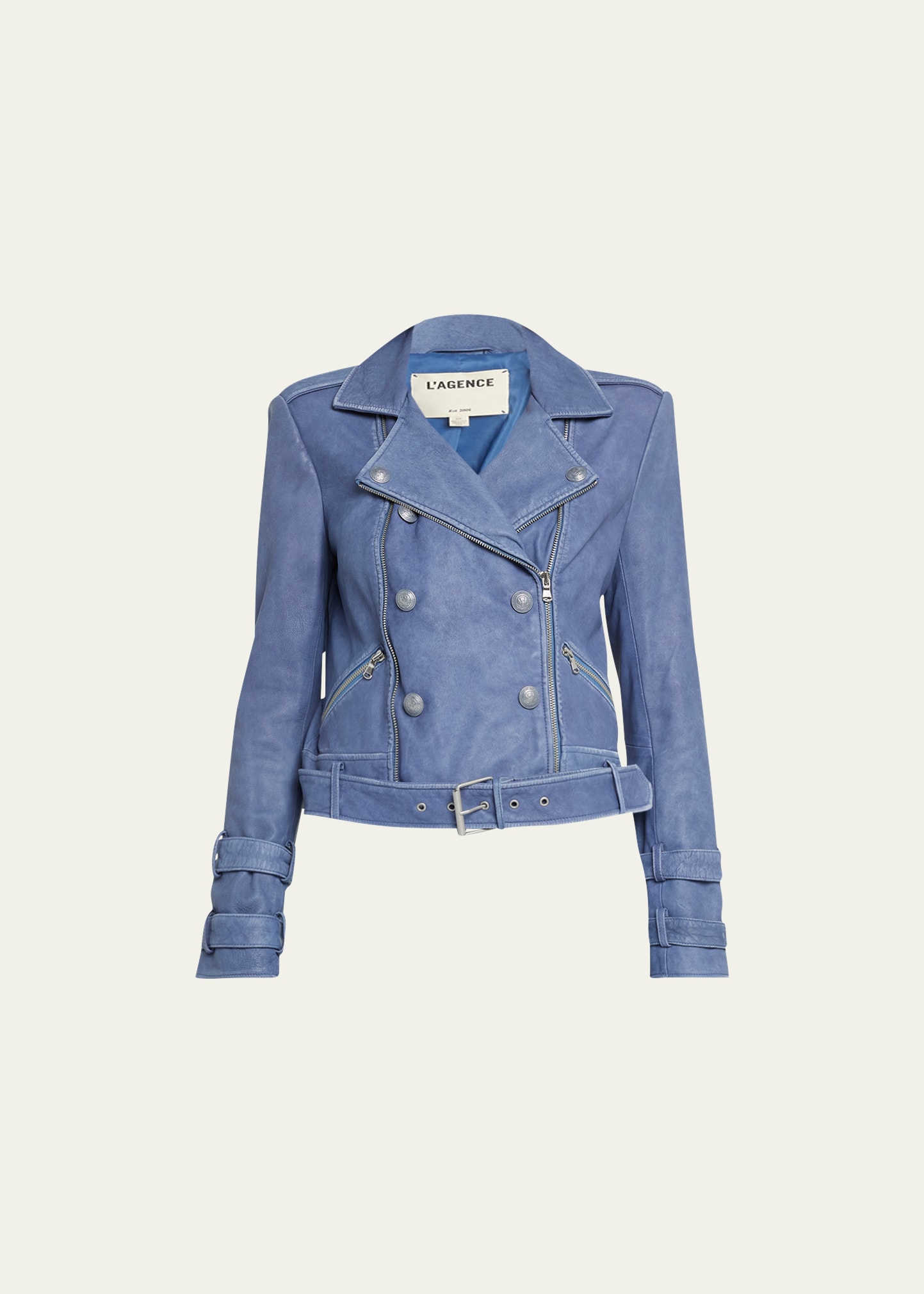 L Agence Billie Belted Leather Moto Jacket In Washed Indigo