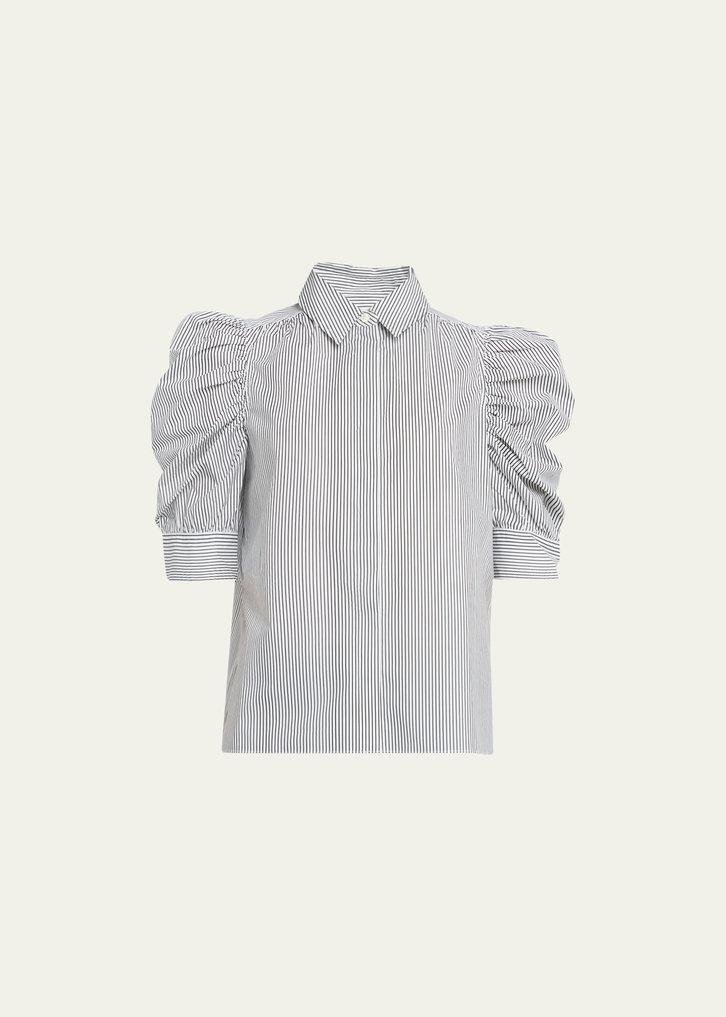 Pinstripe Ruched Puff-Sleeve Shirt