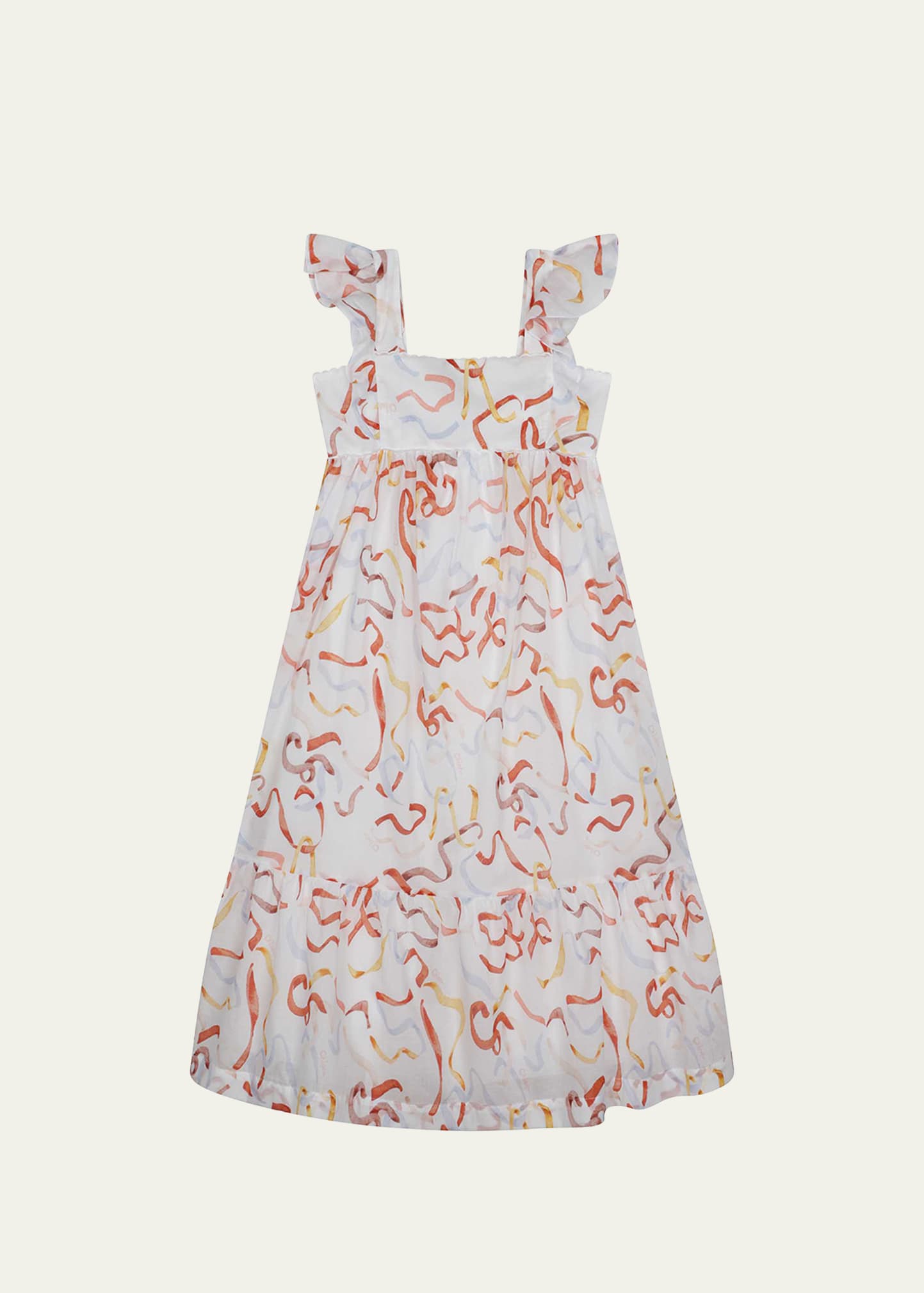 Girl's Ribbon-Print Organic Cotton Midi Dress, Size 4-6