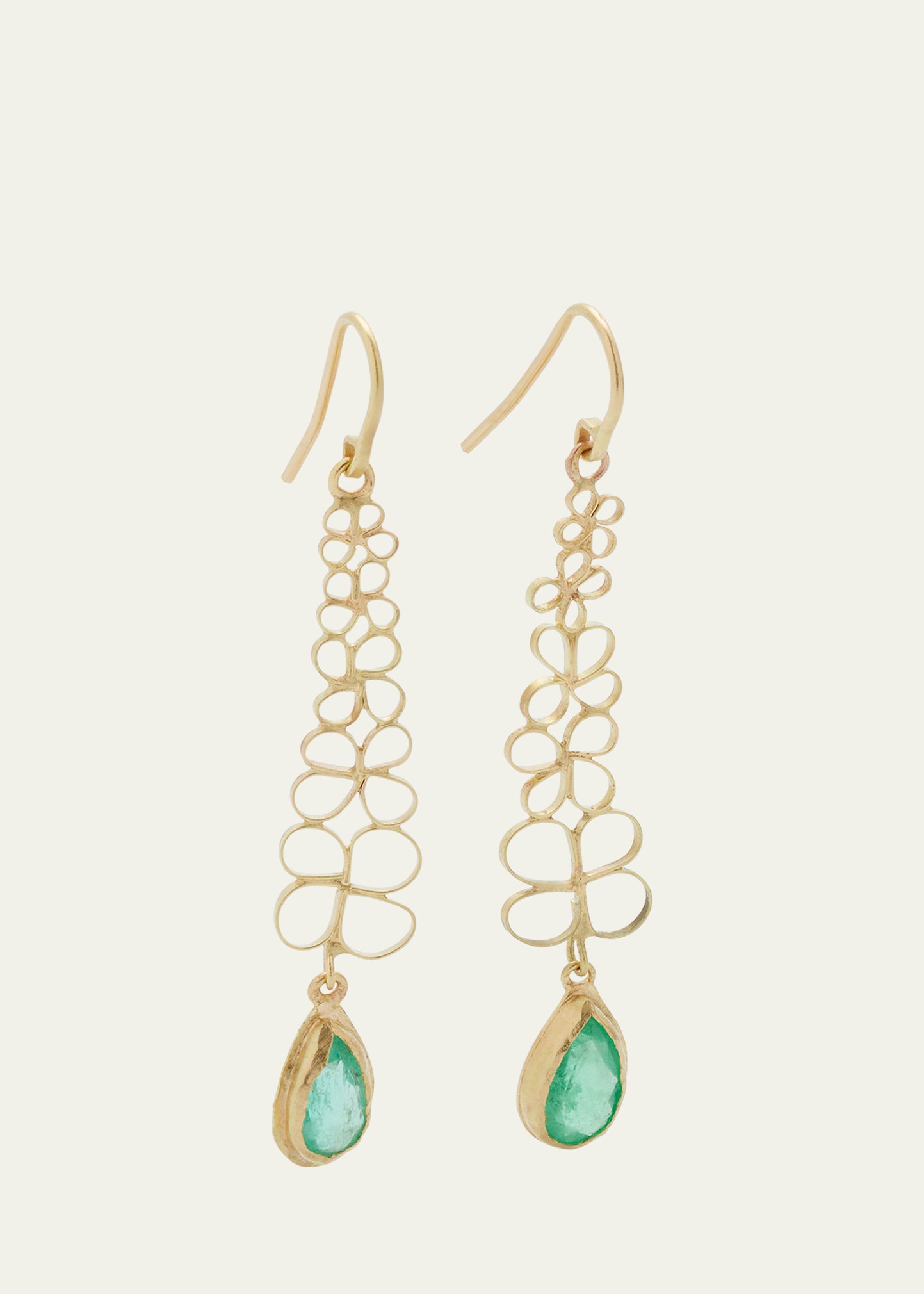 18K Yellow Gold Long Flowery Emerald Earrings