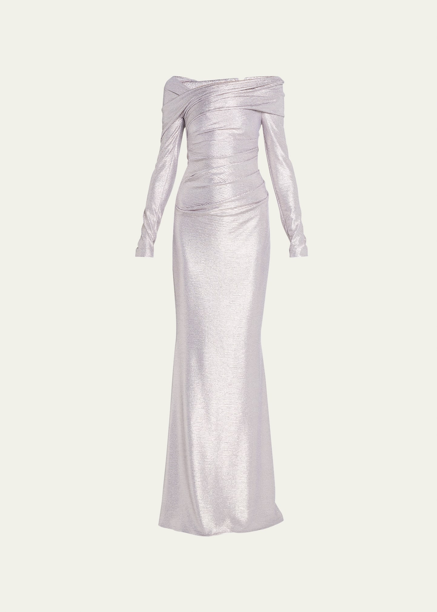TALBOT RUNHOF MIRRORBALL STRETCH OFF-THE-SHOULDER DRAPED GOWN
