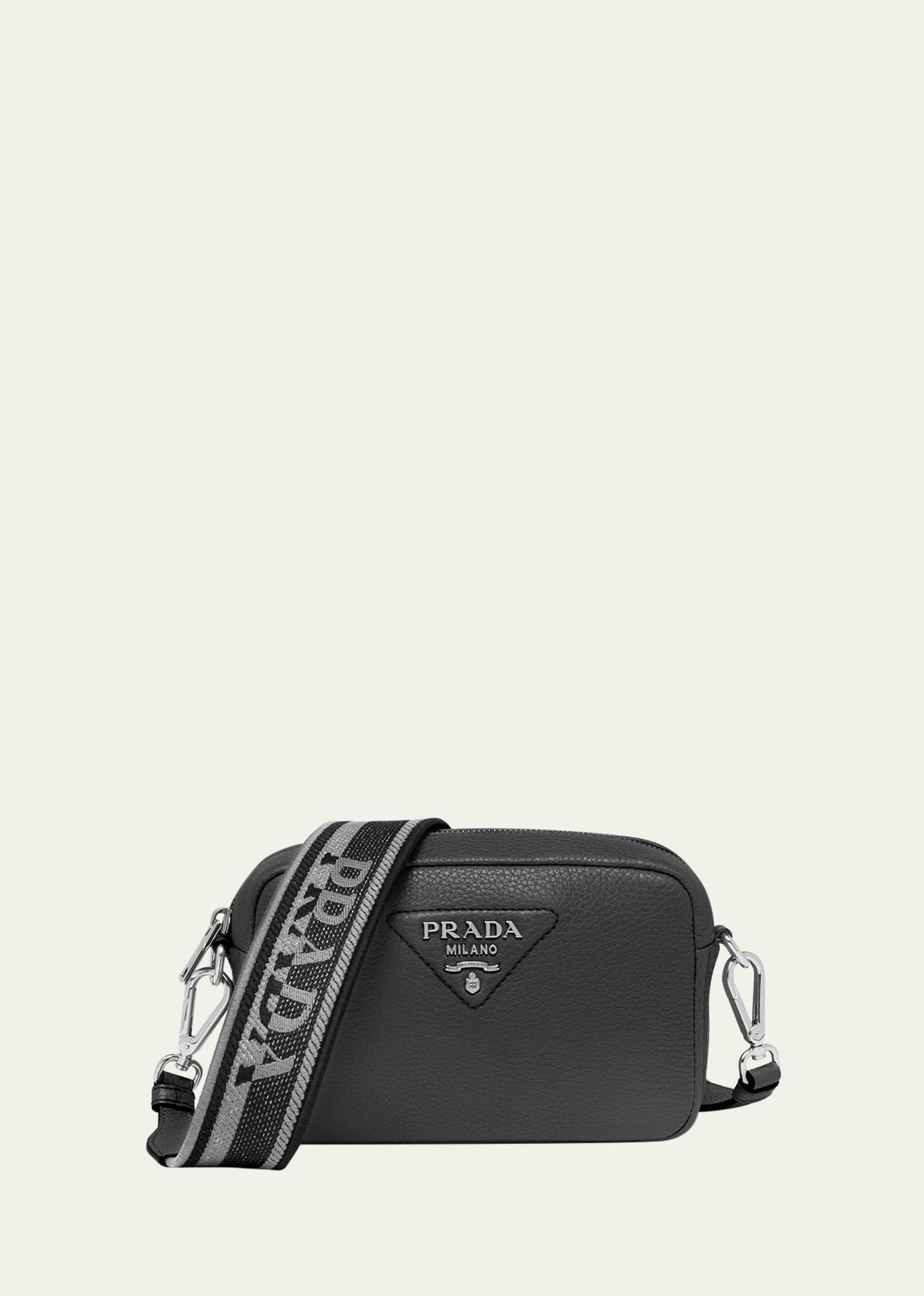 Prada Small Zip Leather Camera Crossbody Bag In Black