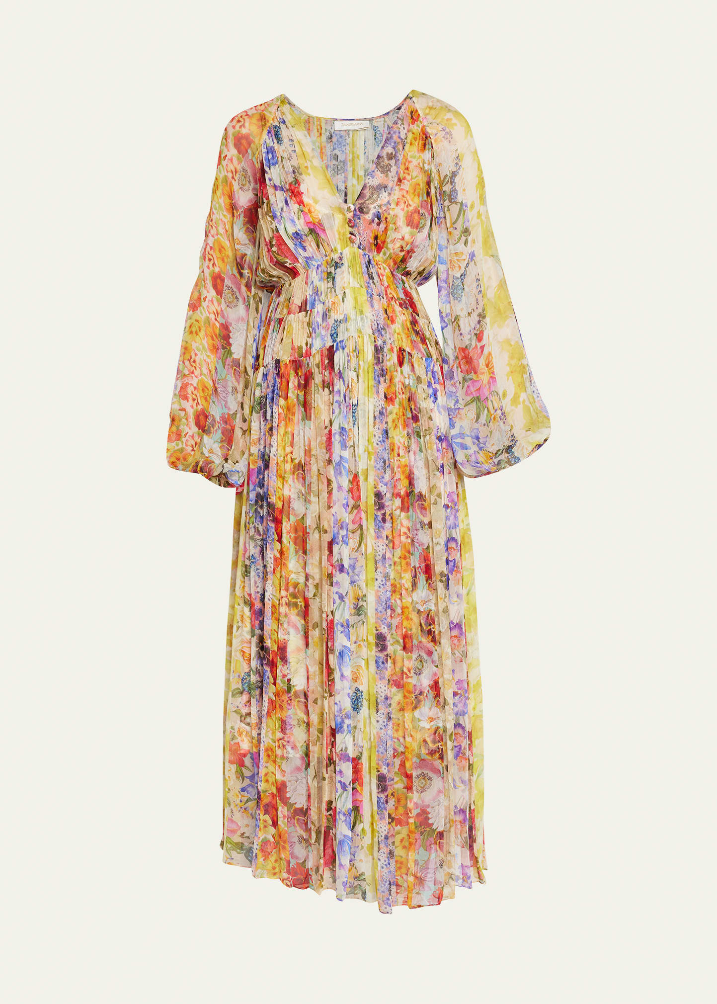 Zimmermann Wonderland Floral Pleated Midi Dress In Spliced Stripe Fl