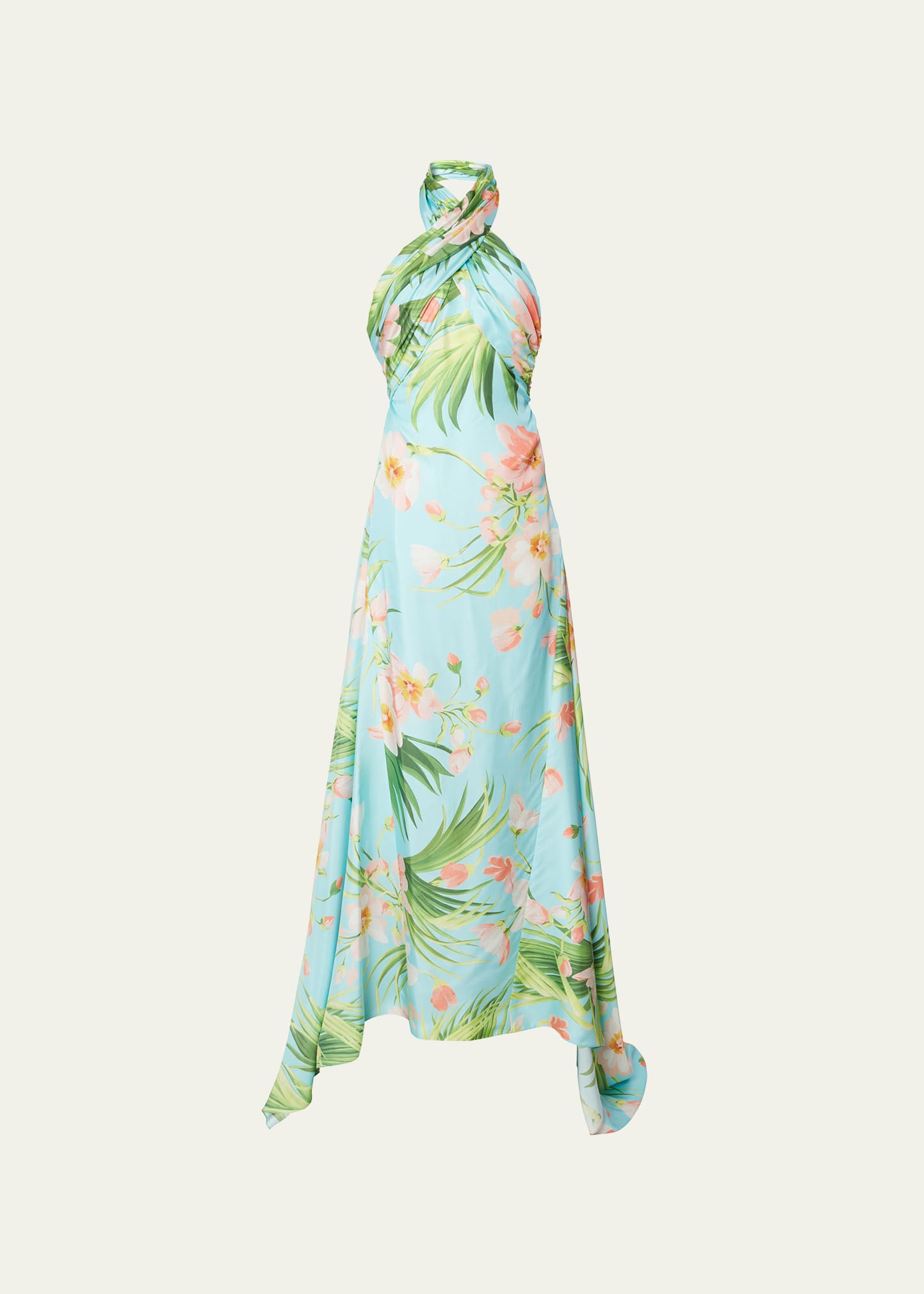 Gathered Floral-Print Halter Gown
