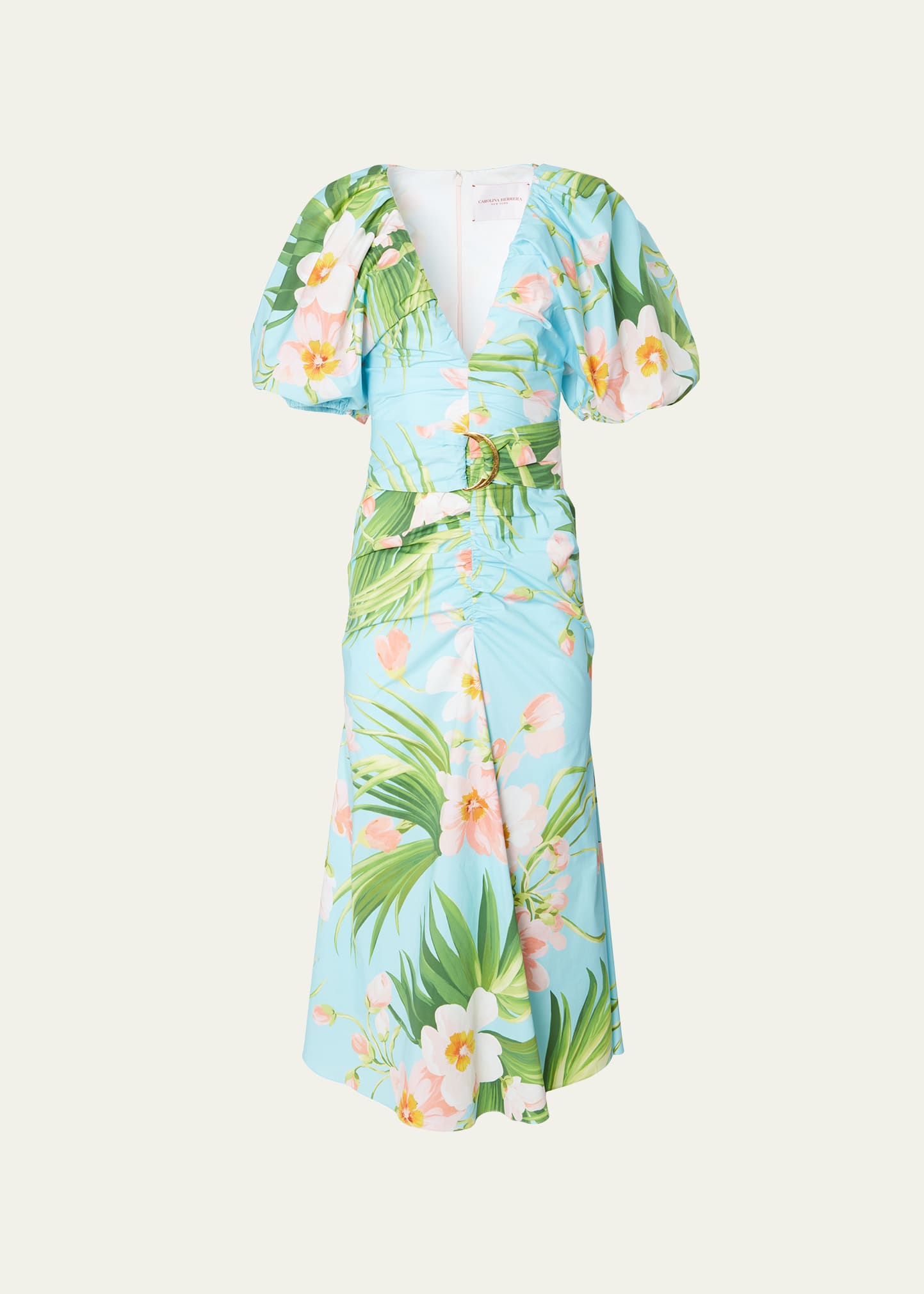 Carolina Herrera Floral-print Ruched Front Midi Dress With Belted Waist In Aquamarine Mult
