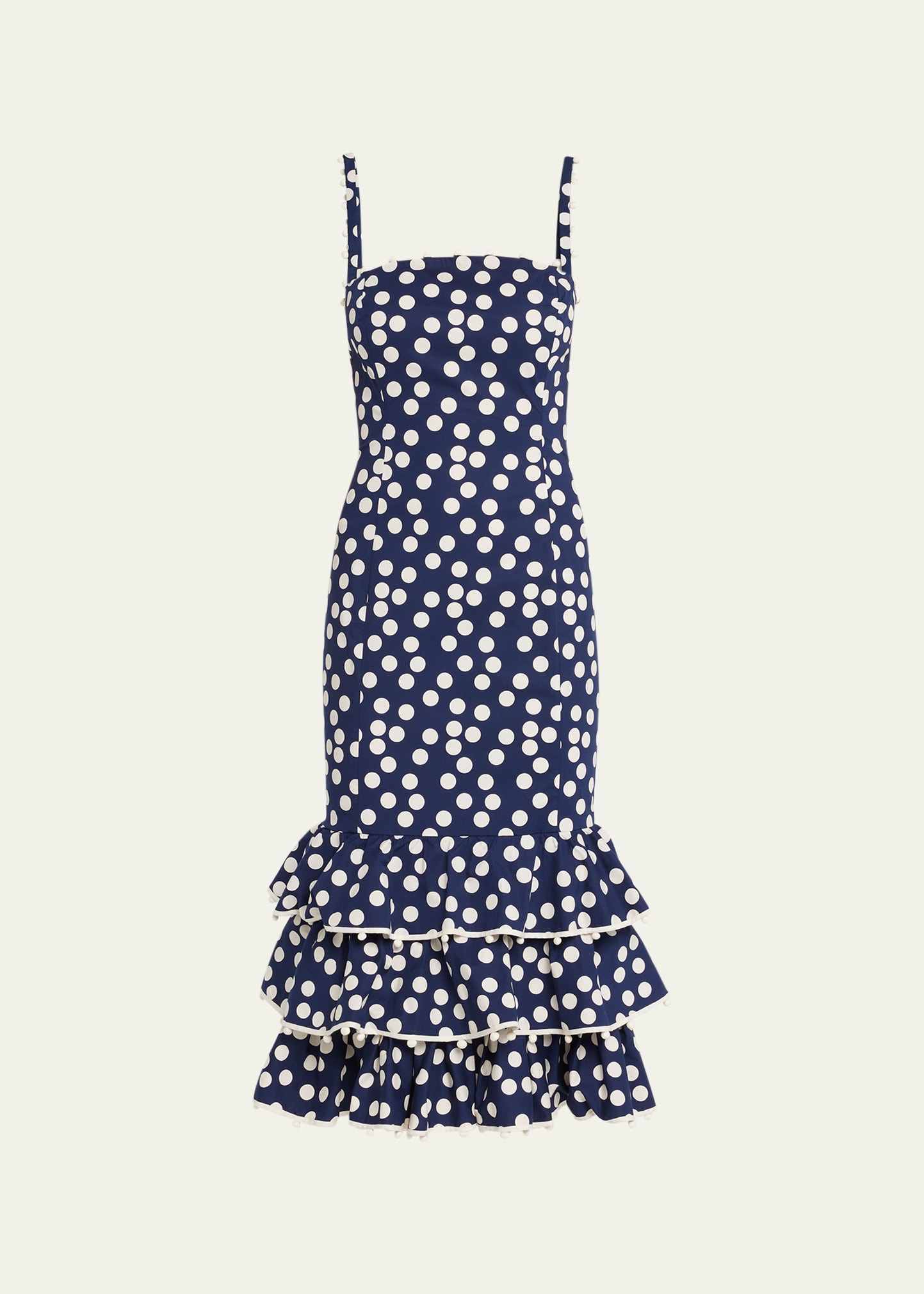 Shop Carolina Herrera Polka Dot Midi Dress With Tiered Ruffle Hem In Midnight Multi