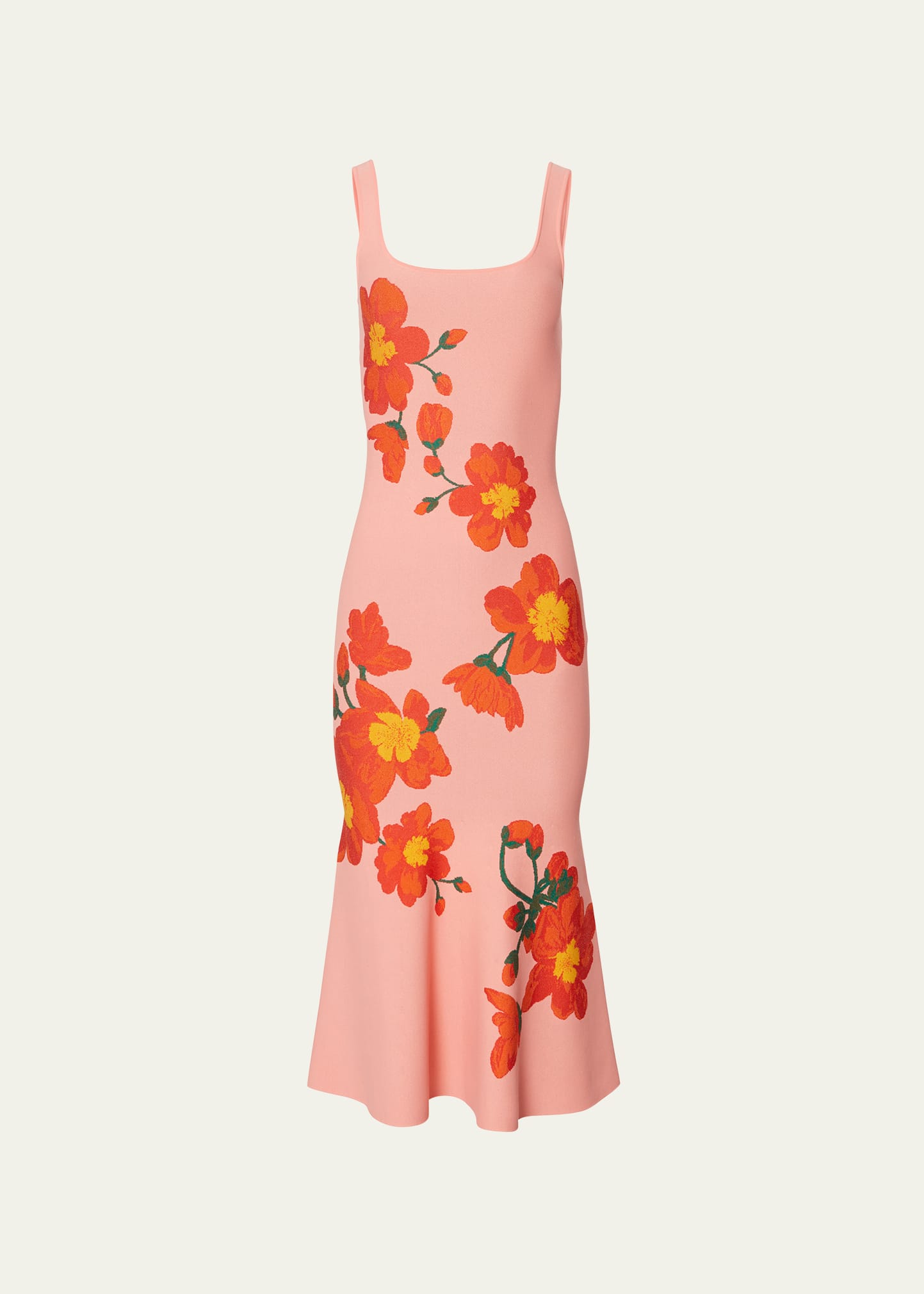 Carolina Herrera Trumpet Midi Dress With Intarsia Knit Floral Detail In Shell Pink Mult