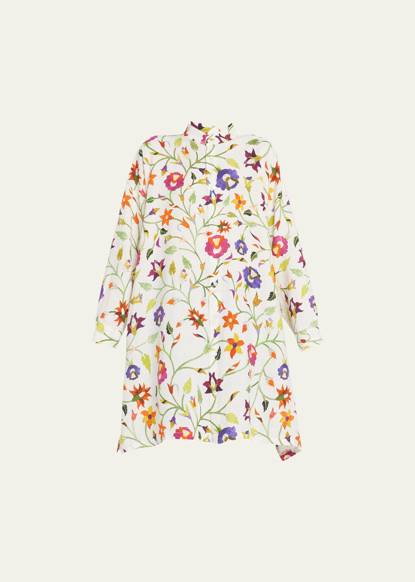 Eskandar Floral Wide A-Line Collarless Shirt (Very Long Length)