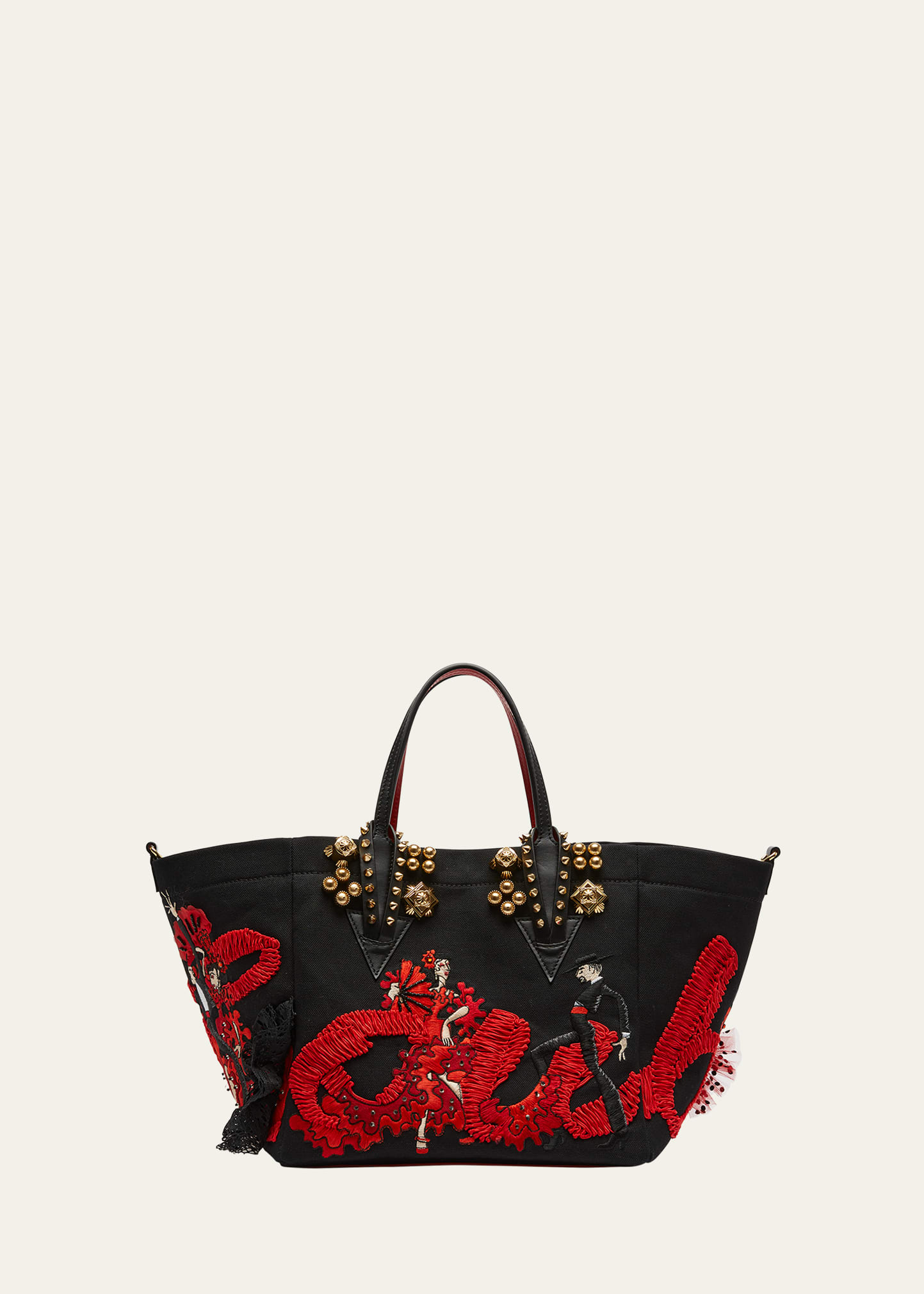 Shop Christian Louboutin Flamencaba Small Tote In Embroidered Toile In Black/multi