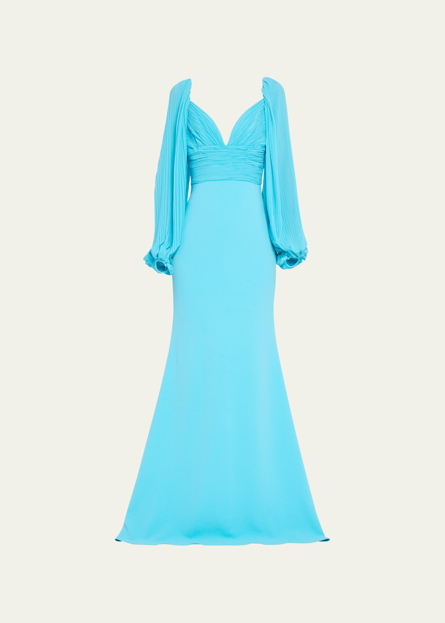 Badgley Mischka Collection Pleated Blouson-Sleeve Sweetheart Gown