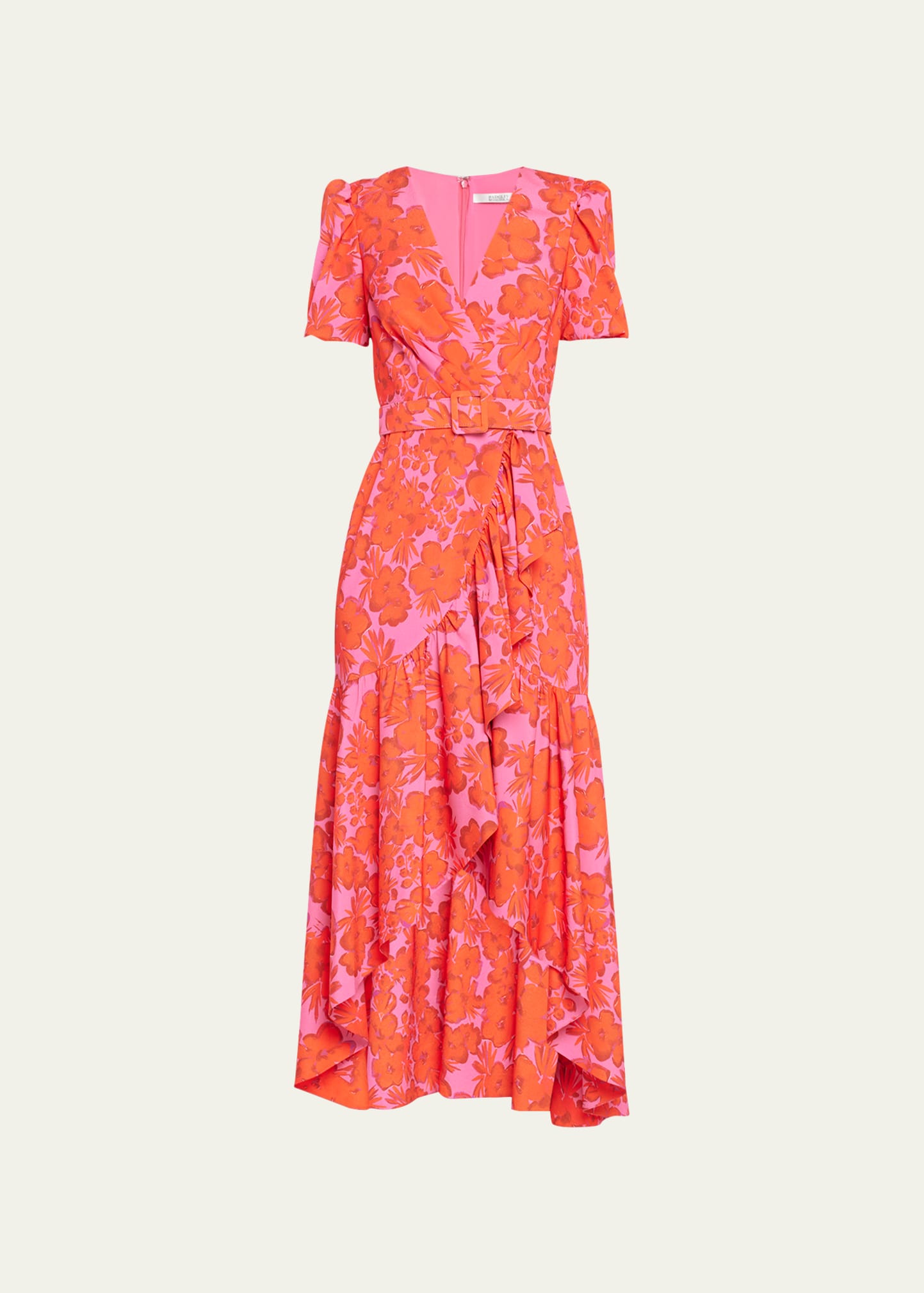 Badgley Mischka Collection Belted Floral-Print High-Low Midi Dress