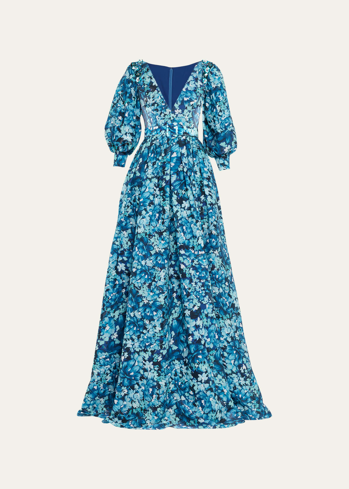 Badgley Mischka Collection Pleated Puff-Sleeve Floral-Print Gown