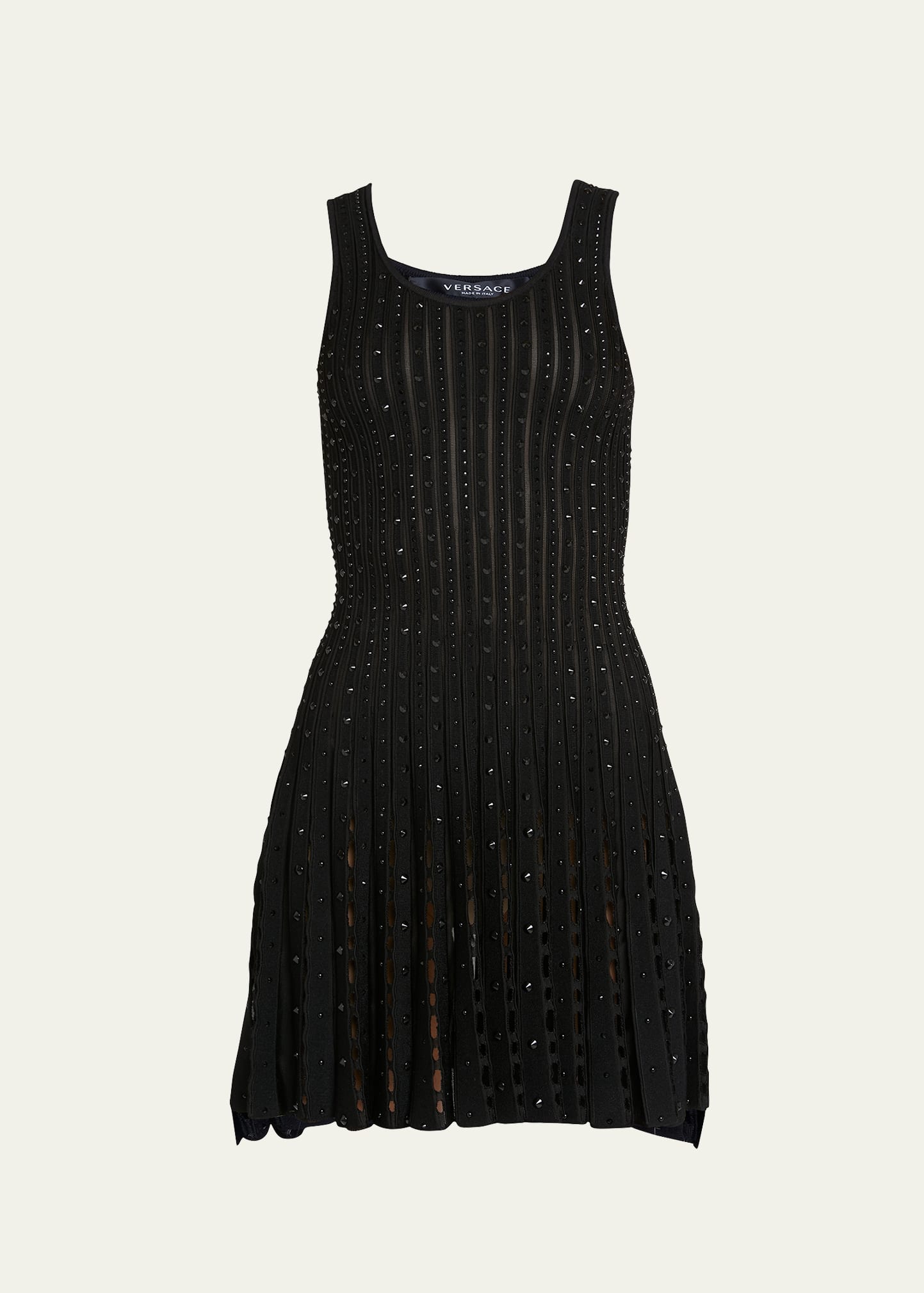 VERSACE PLISSE KNIT MINI DRESS WITH EMBROIDERED STUDS