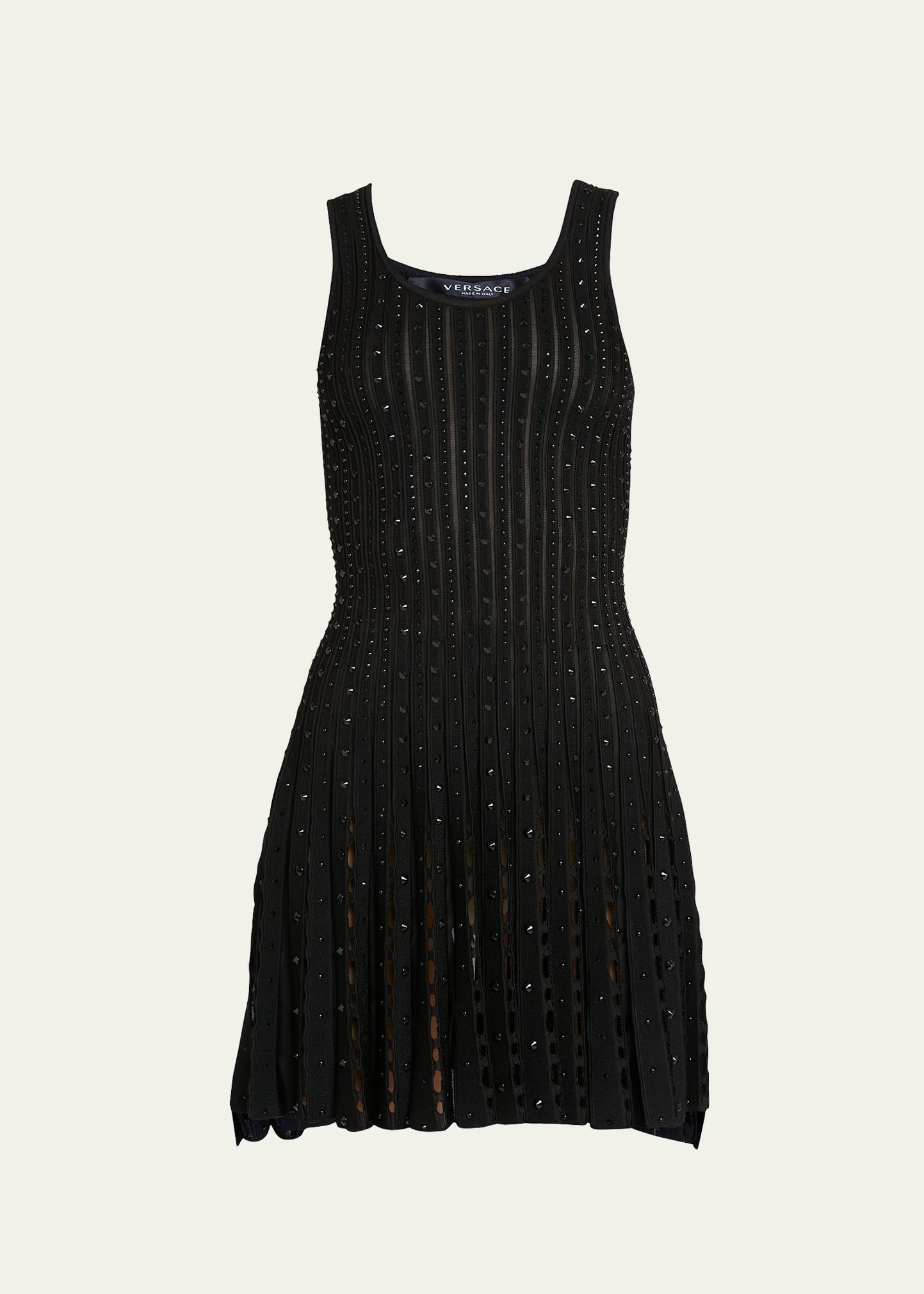 Versace Plisse Knit Mini Dress With Embroidered Studs In Black