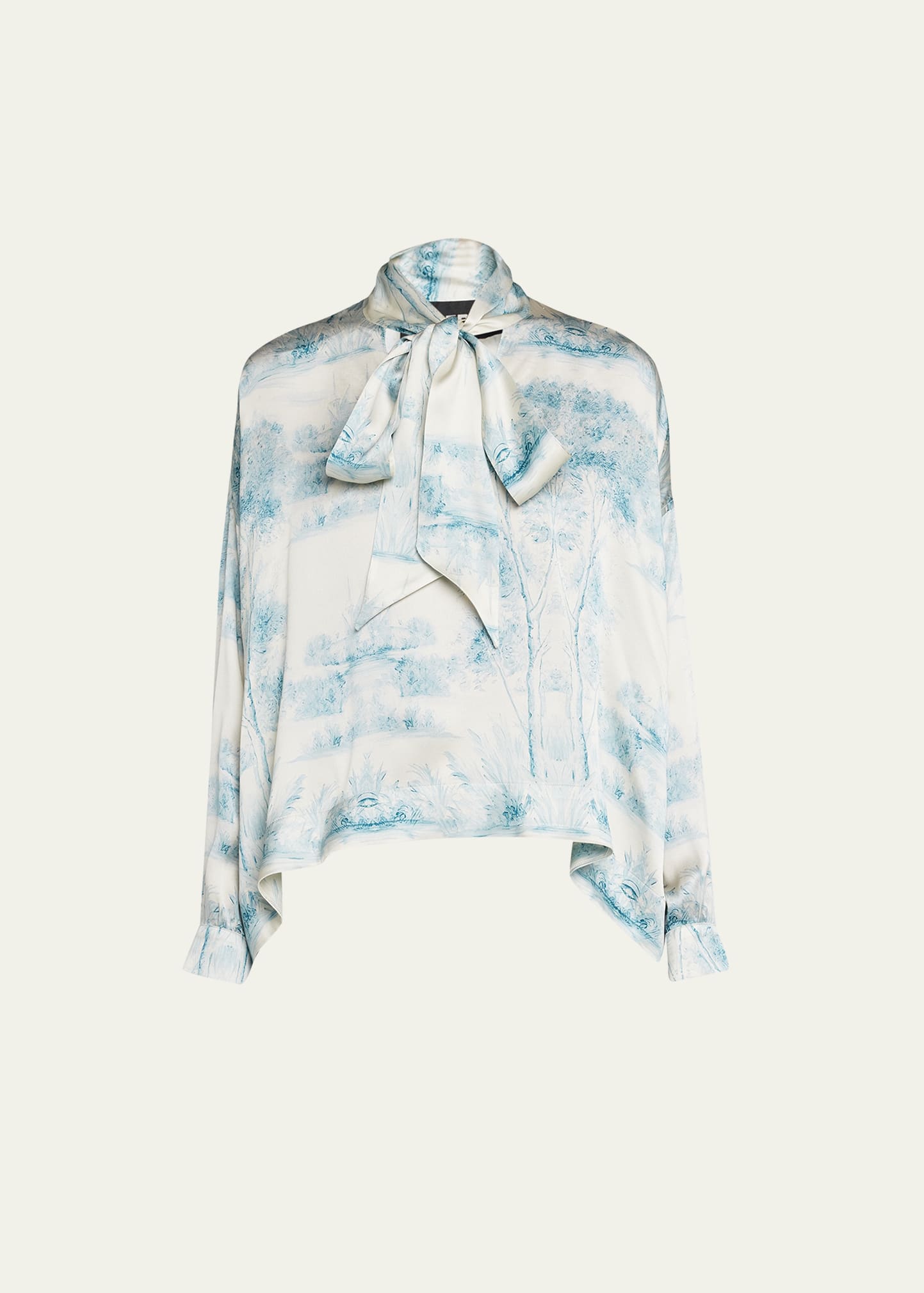 Blue Pastoral Scarf-Neck Silk Blouse