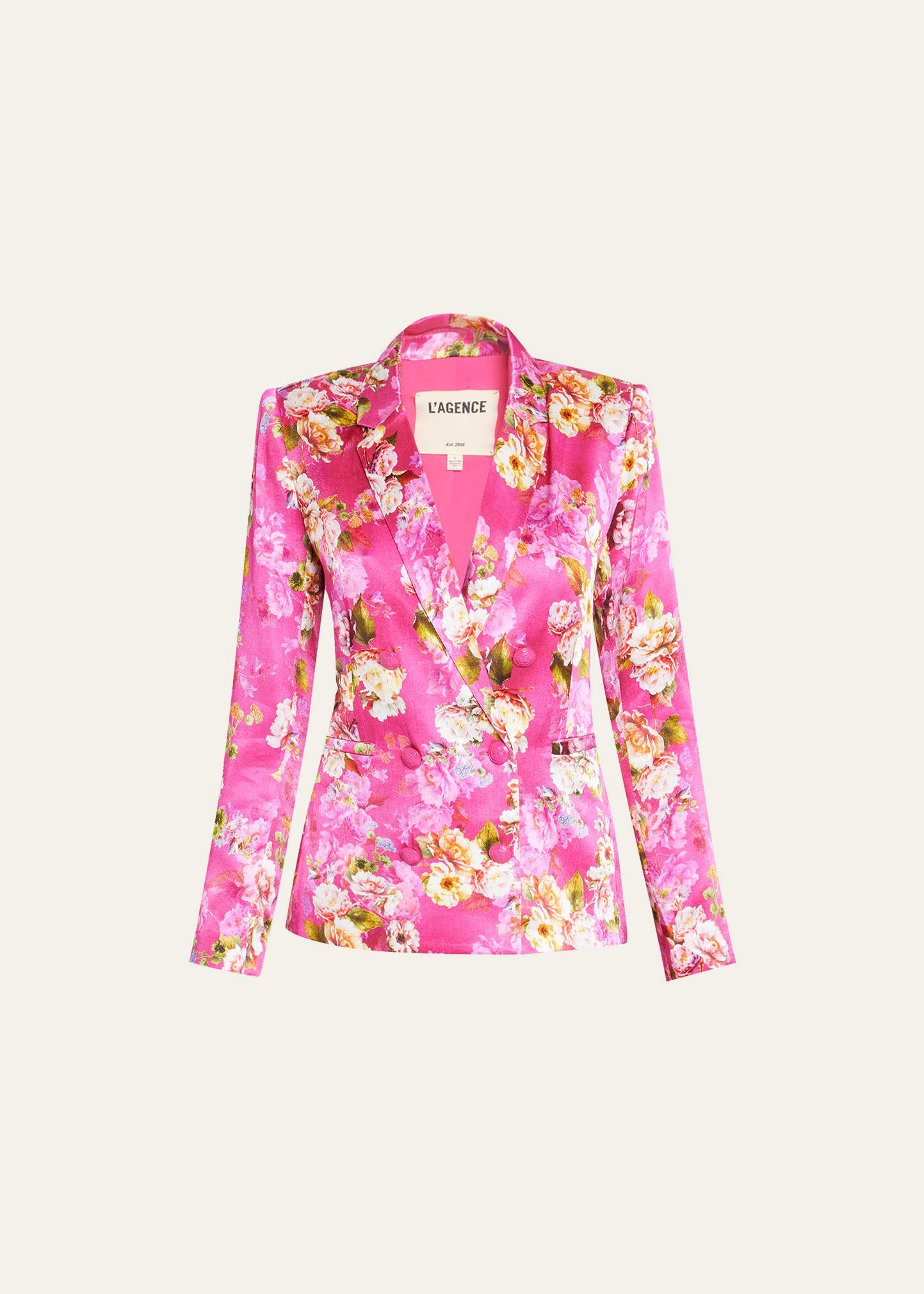 L AGENCE COLIN DOUBLE-BREASTED FLORAL SATIN BLAZER