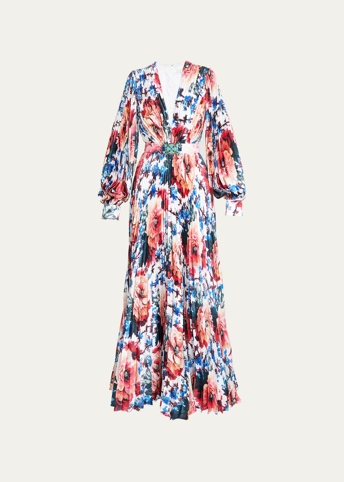 Andrew Gn Floral-print Plisse Belted Gown In White