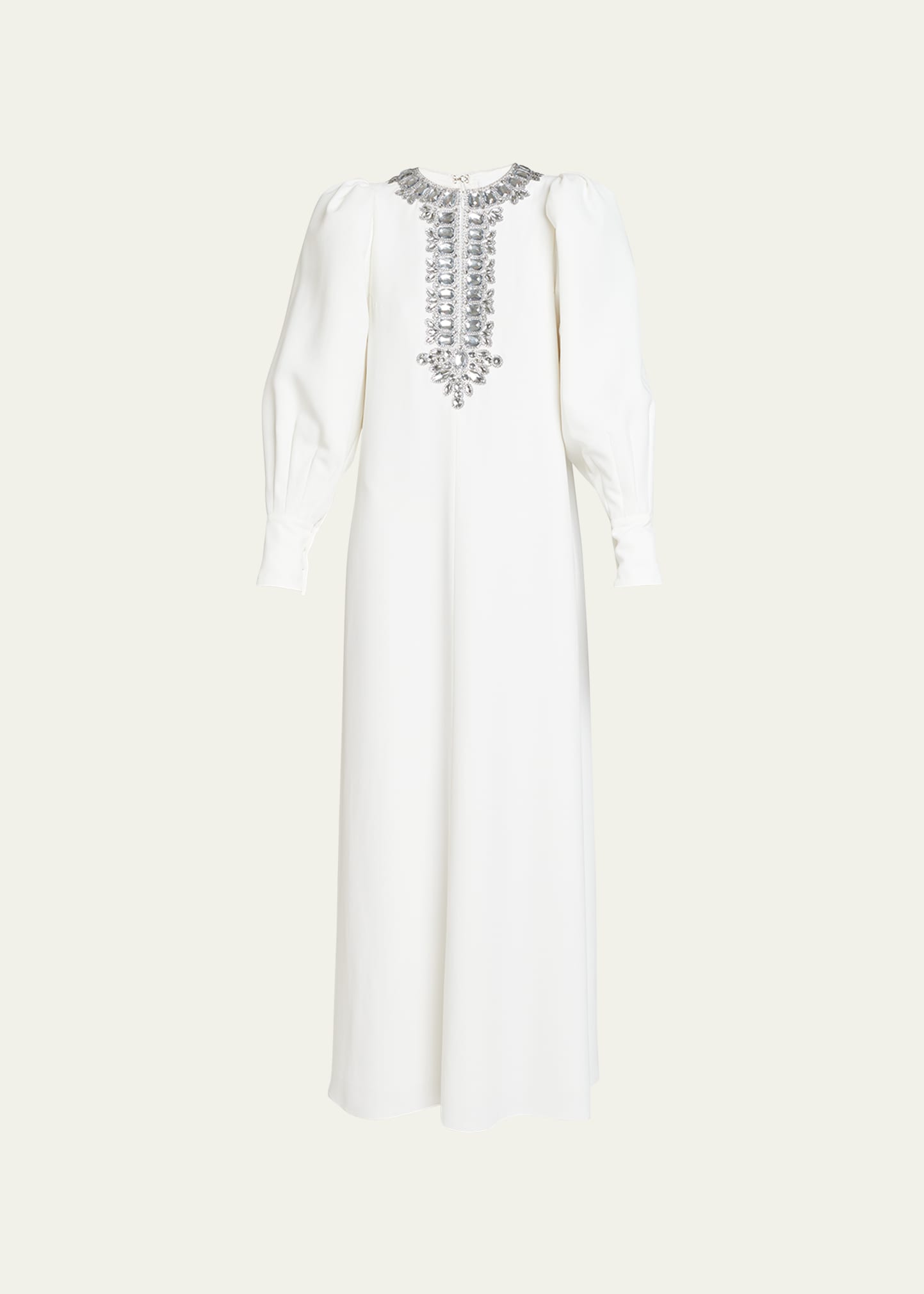 Andrew Gn Jeweled Bib Puff-sleeve Gown In Off White
