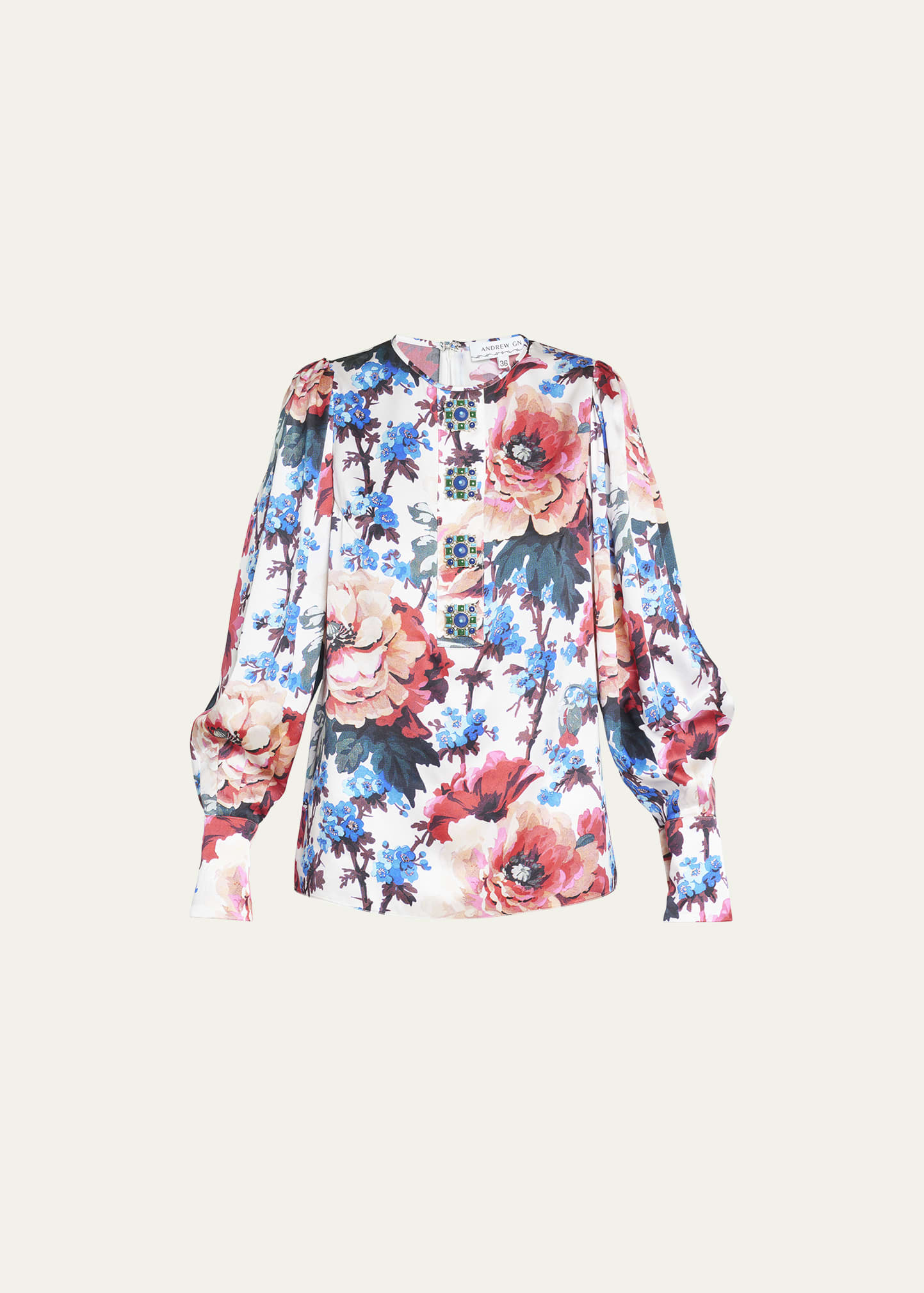Andrew Gn Floral-print Gem-embellished Silk Blouse In White