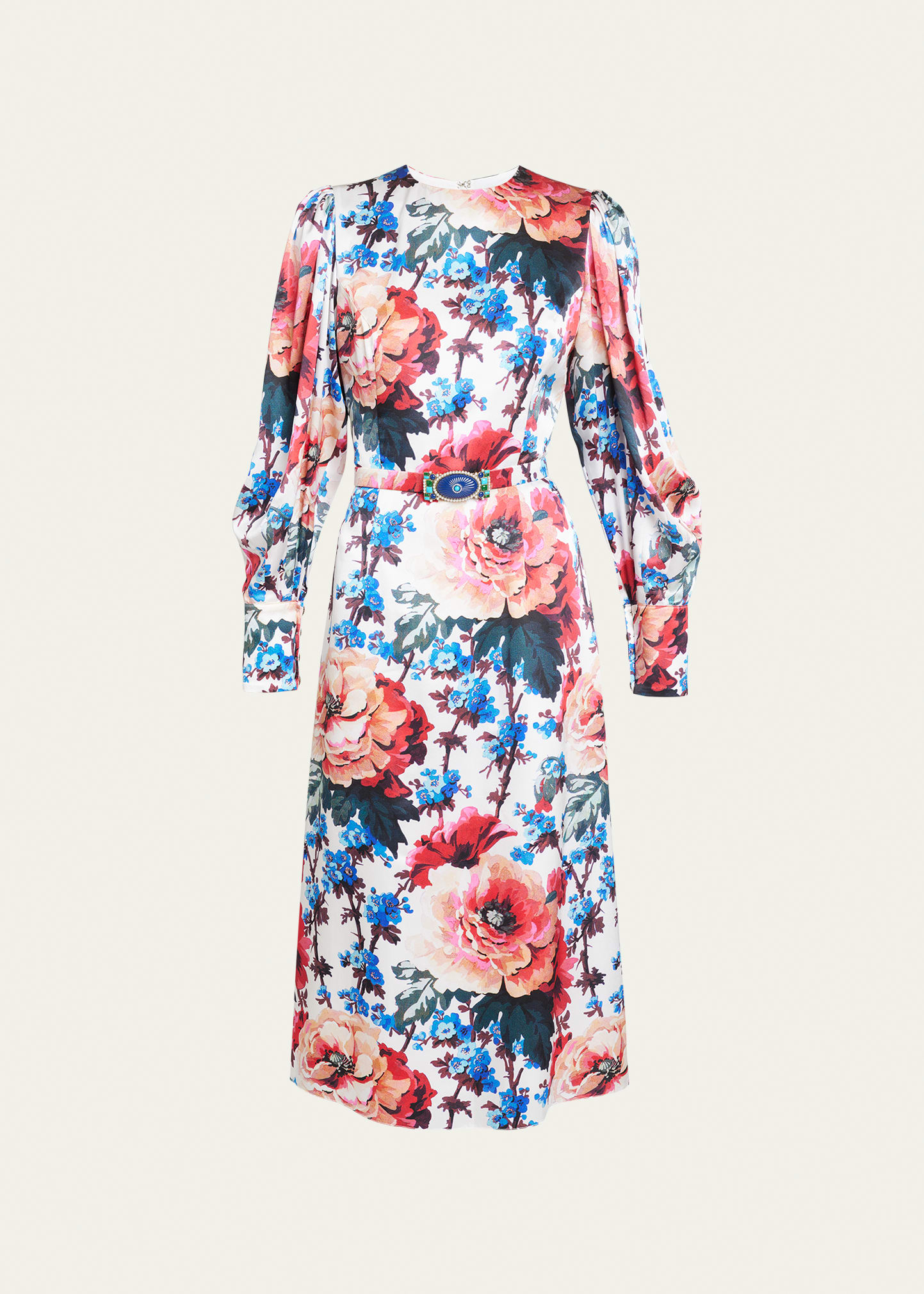 Andrew Gn Floral-print Belted Puff-sleeve Silk Midi Dress In Turquoize