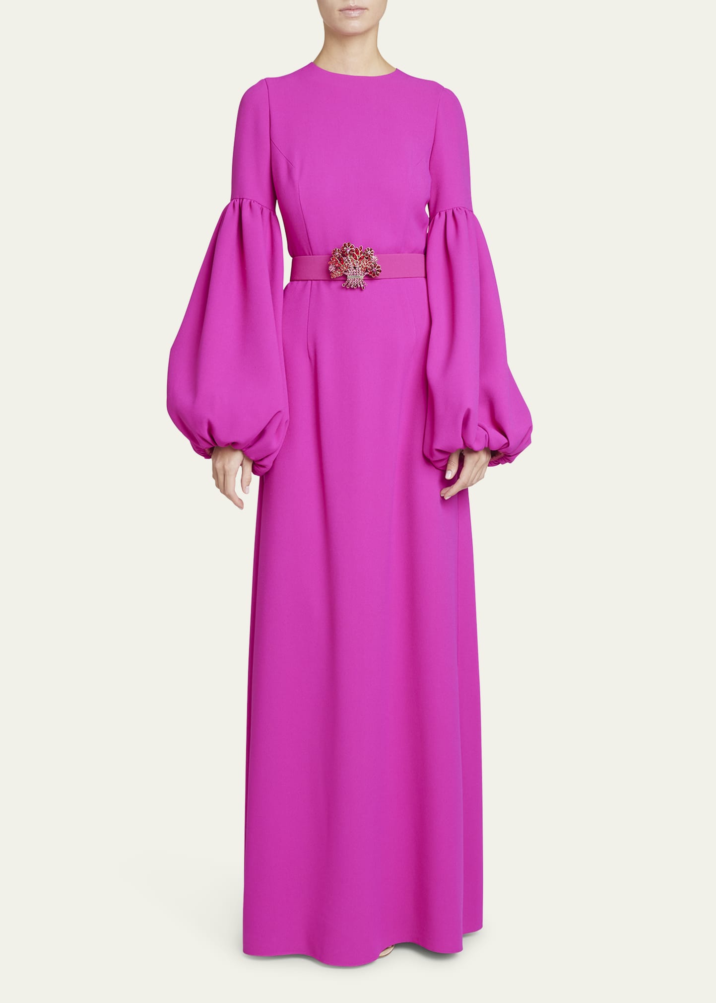 Andrew Gn Bubble-sleeve Belted Gown In Magenta