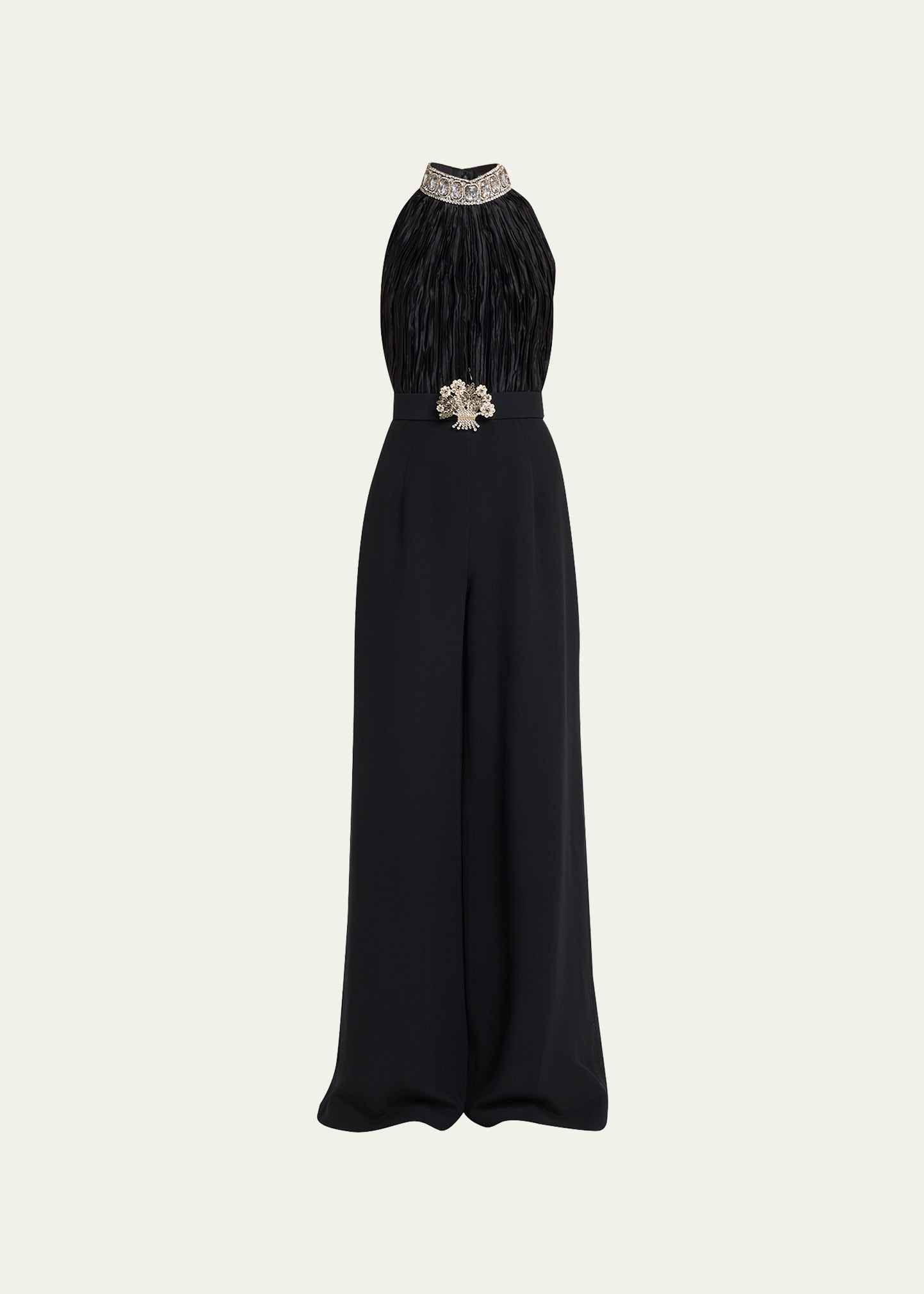 Andrew Gn Jewel-embellished Collar Plisse Pleated Belted Jumpsuit In Black