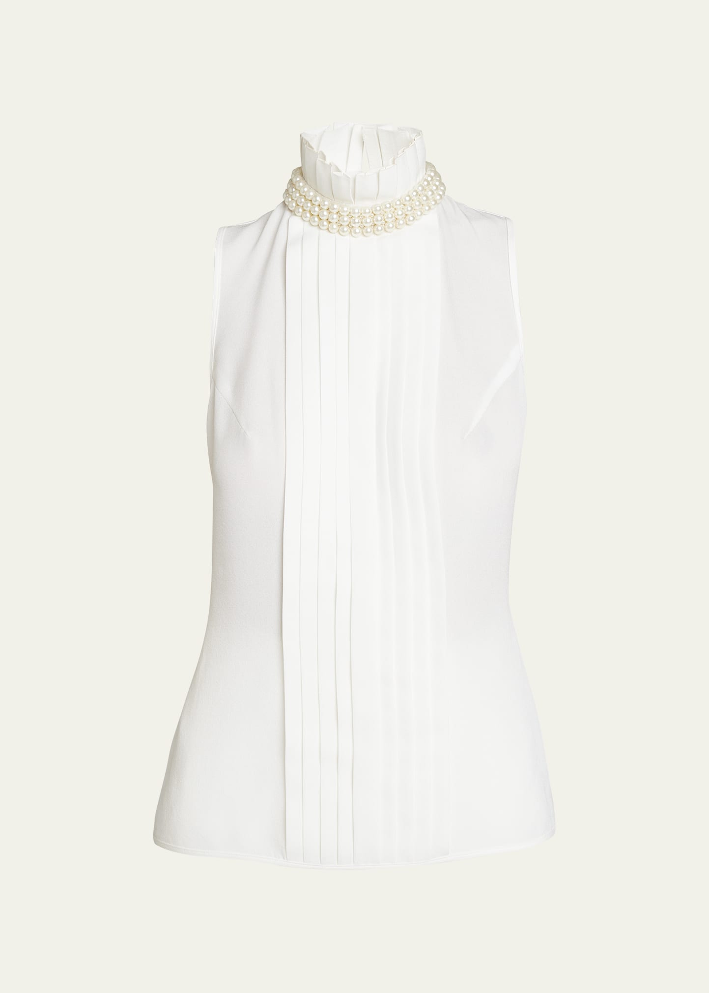 Andrew Gn Pleated Bib Pearl High-neck Top In White
