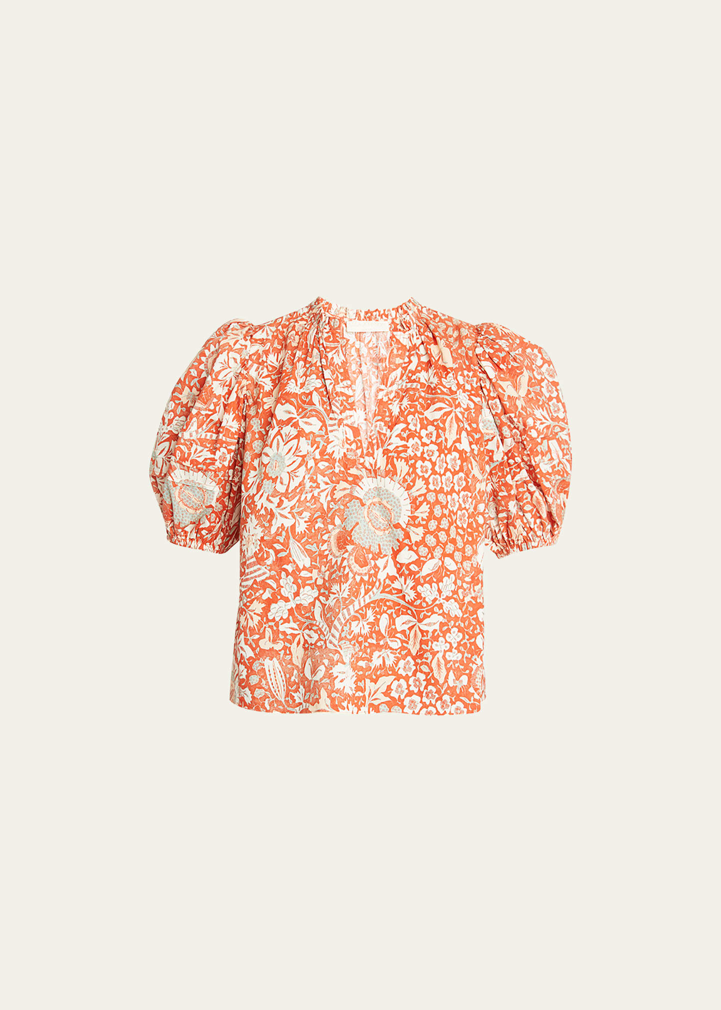 Ulla Johnson Imari Floral Poplin Short Puff-sleeve Top In Orange ...