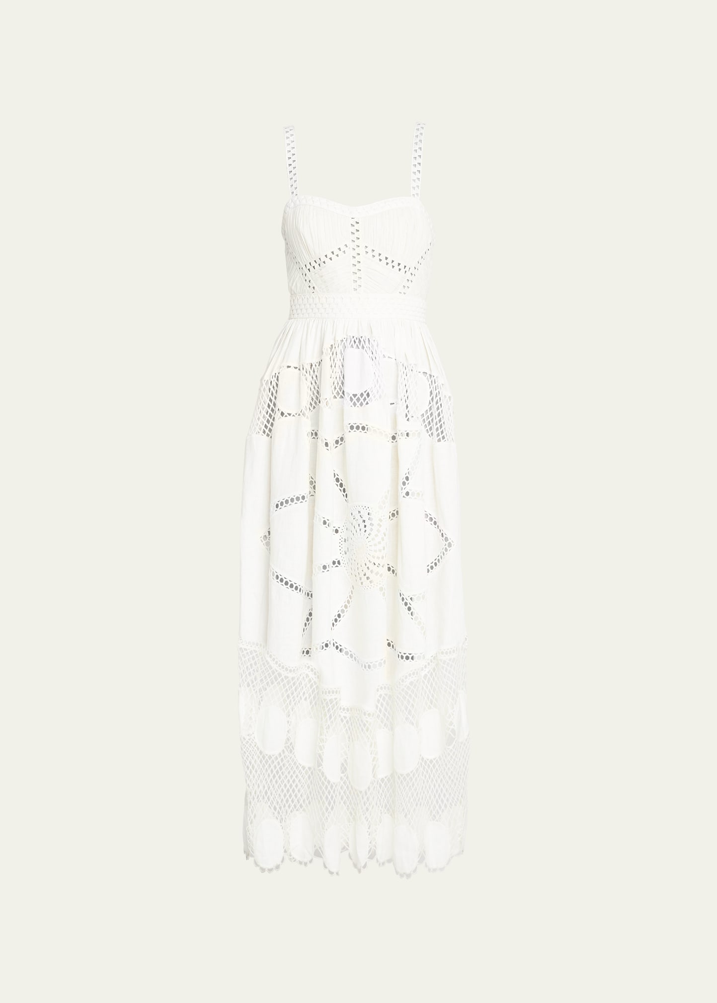 Ulla Johnson Juno Sweetheart Linen Crochet Midi Dress In Pristine | ModeSens