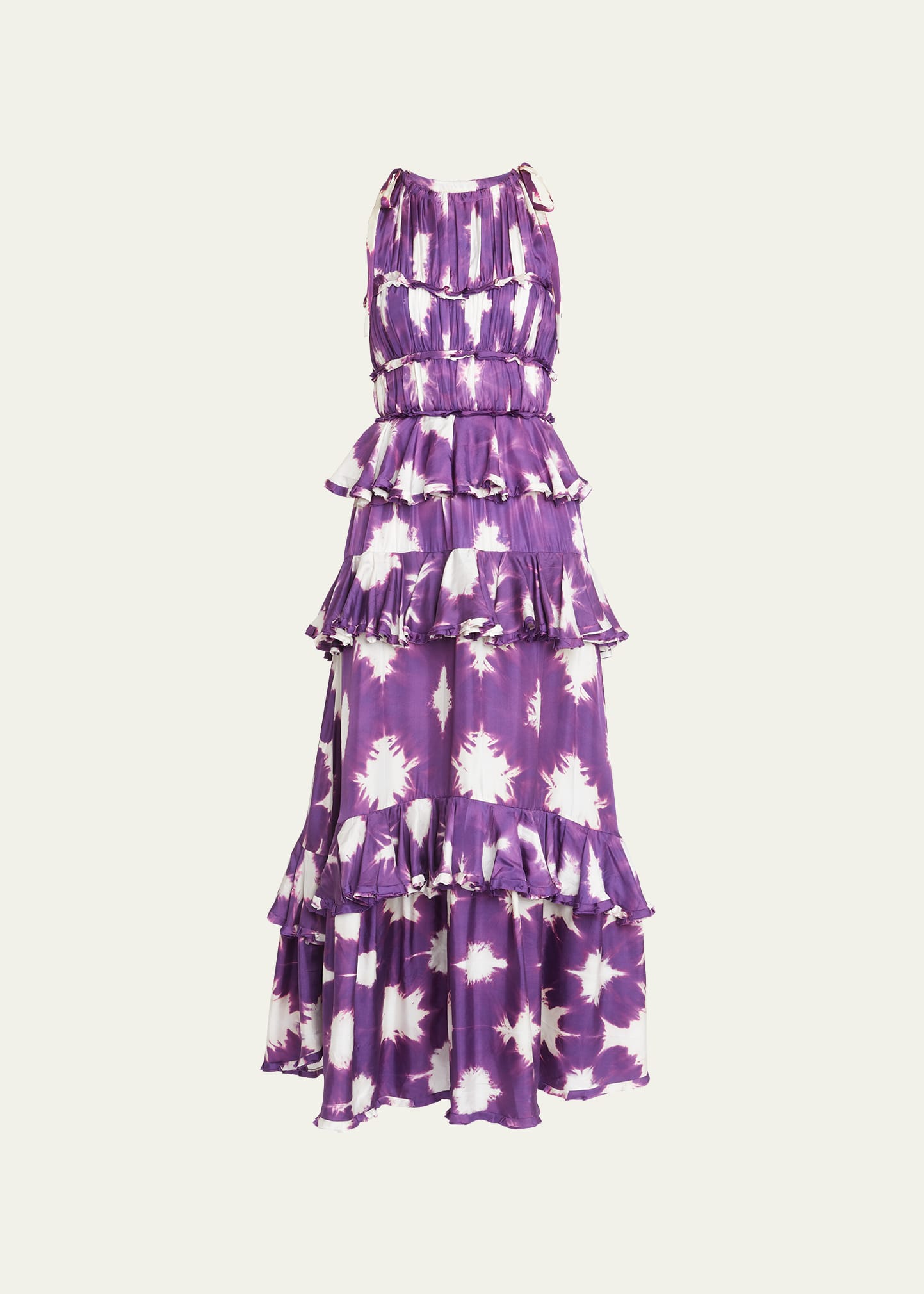 Ulla Johnson Serafina Tiered Ruffle Shibori Silk Gown In Cassis Blur