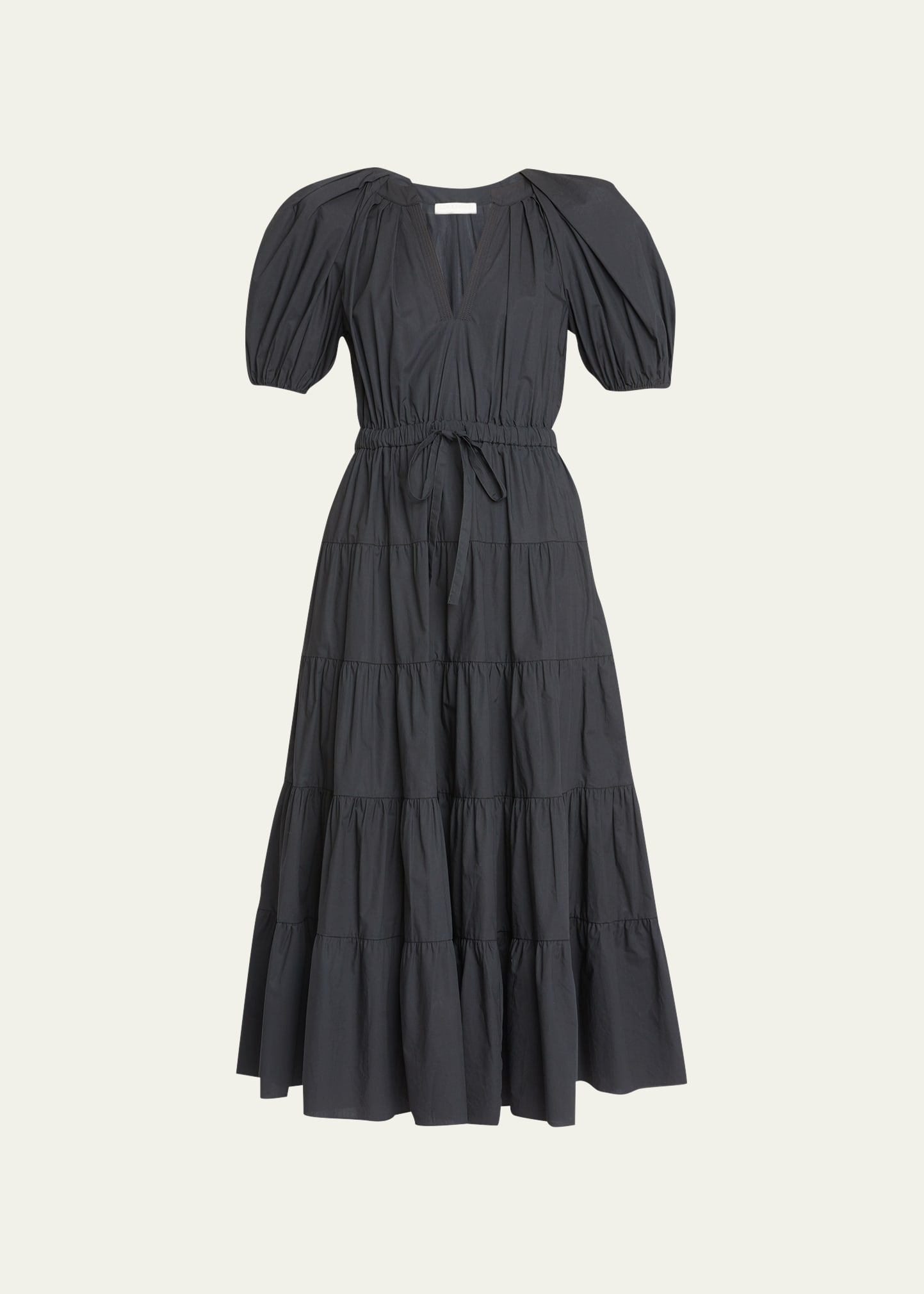 Shop Ulla Johnson Olina Tiered Puff-sleeve Midi Poplin Dress In Noir